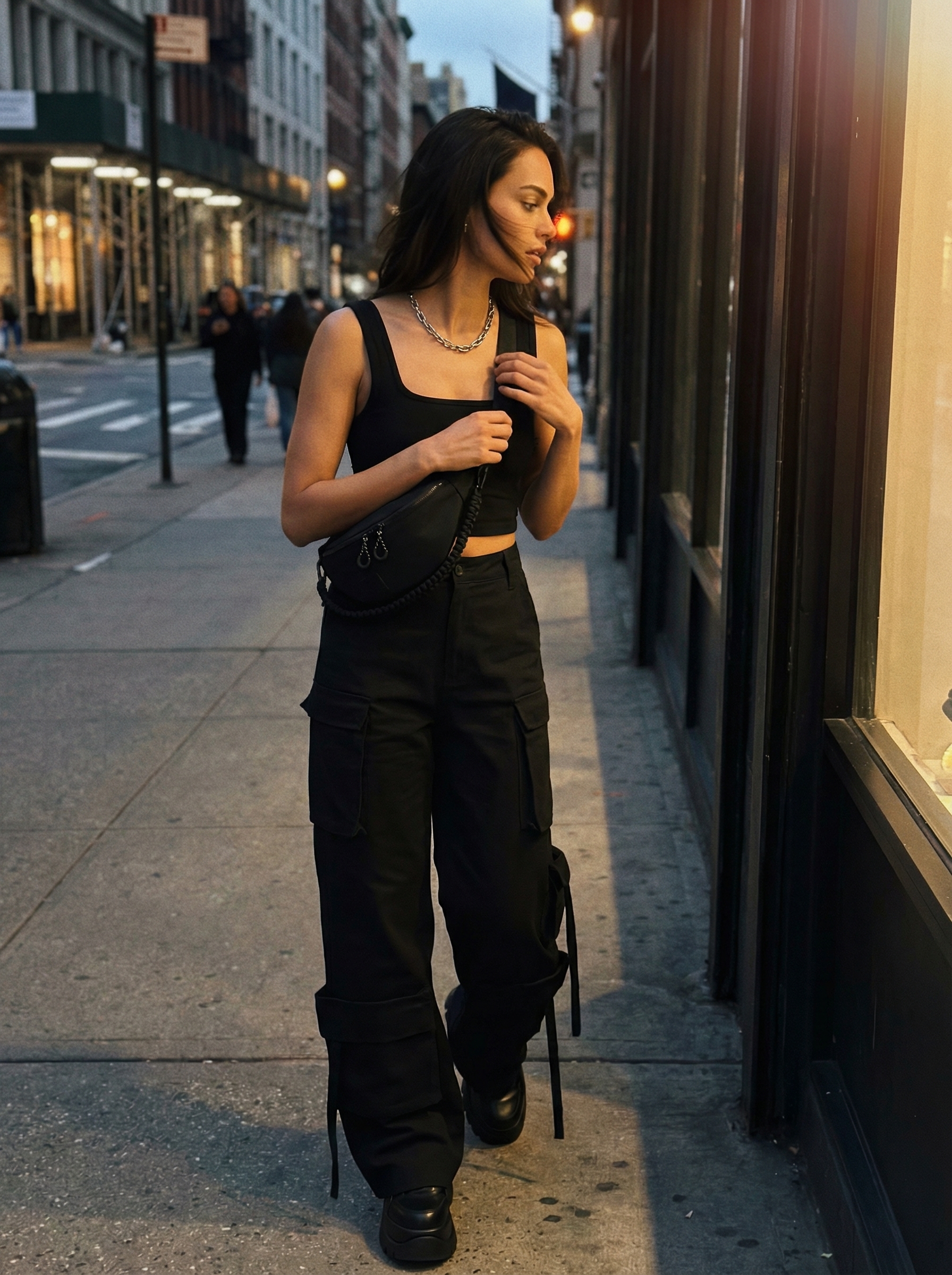 Industrial Goth Summer Soiree Look 2024 Edgy Industrial Summer Soiree goth summer outfit featuring high-waisted black cargo pants, a black crop top, platform sneakers, and an industrial chain necklace, perfect for an alternative event.