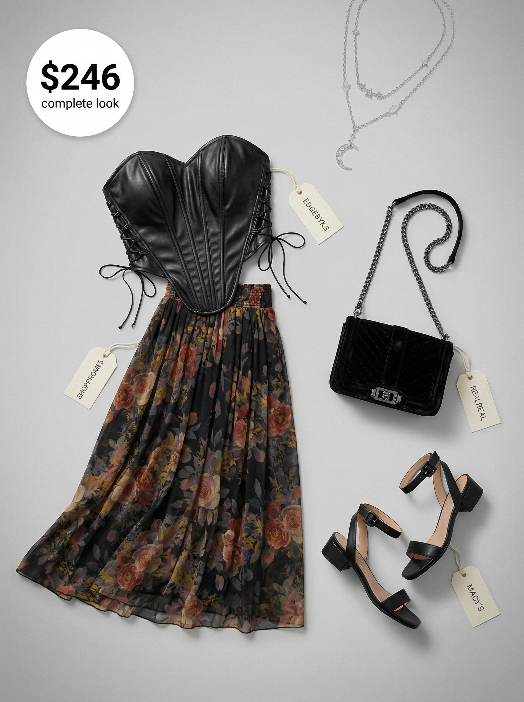 Midnight Enchantress Goth Summer Outfit 2024 Mysterious Midnight Garden Enchantress goth summer outfit featuring a black lace-up corset crop top and a deep red floral maxi skirt for a festival or date night.