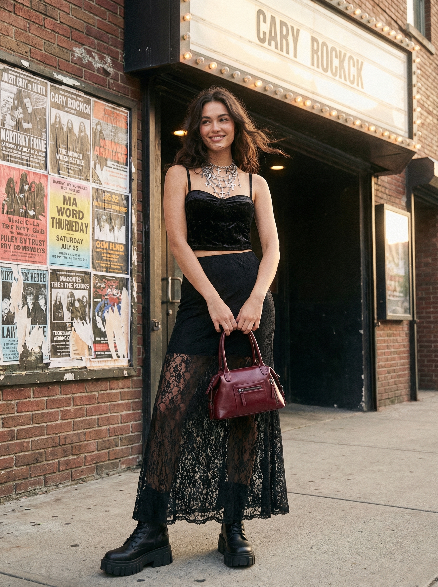 Midnight Garden Goth Summer Style 2024 Romantic Midnight Garden Gothic goth summer outfit with sheer lace maxi skirt, velvet crop top, and chunky combat boots, perfect for a festival.