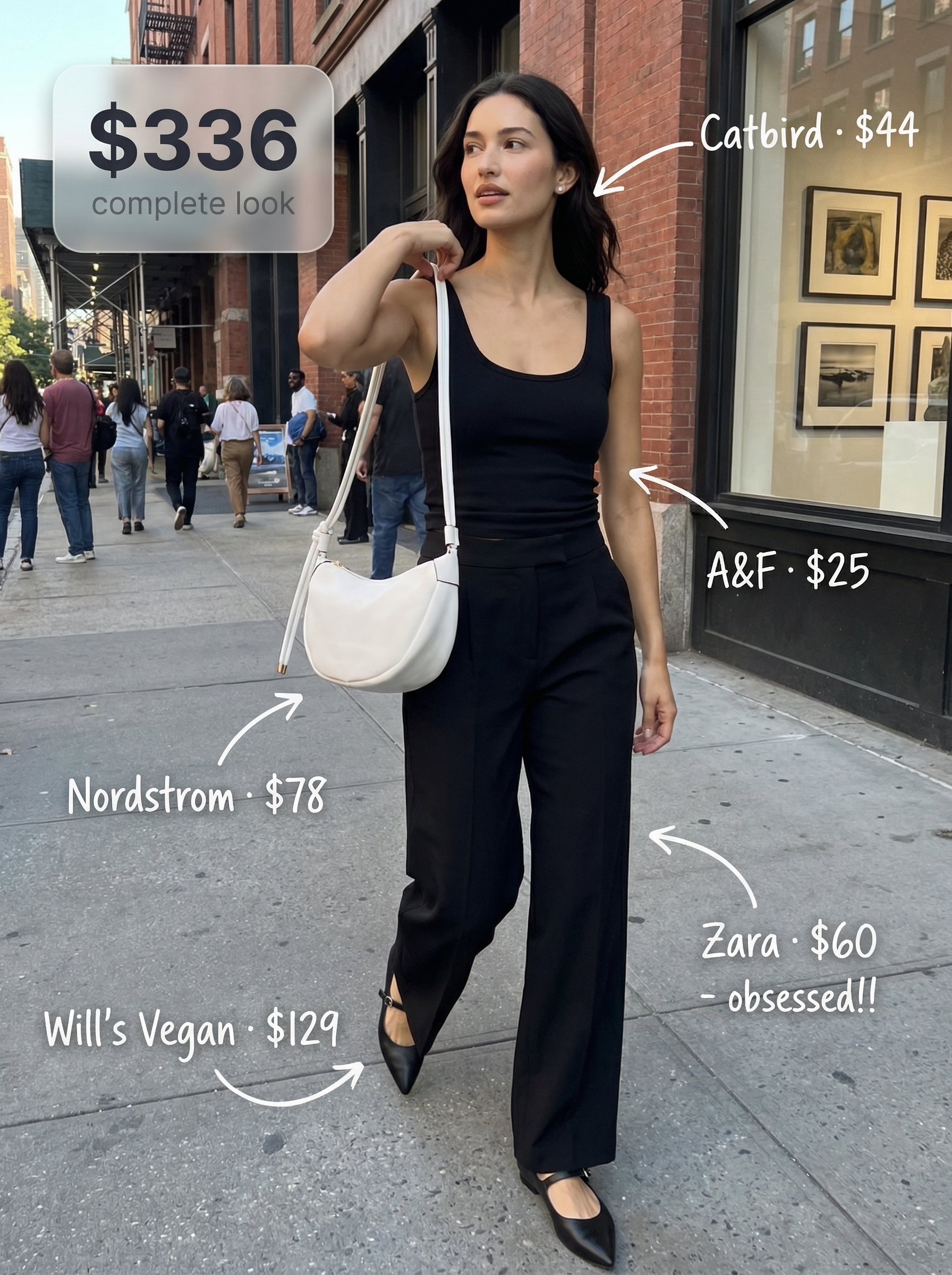 Minimalist Midnight: Chic Goth Summer Outfits 2024 Sleek minimalist goth summer outfit with black wide-leg trousers, a black ribbed tank top, and ballet flats. Ideal for a casual office or dinner out.