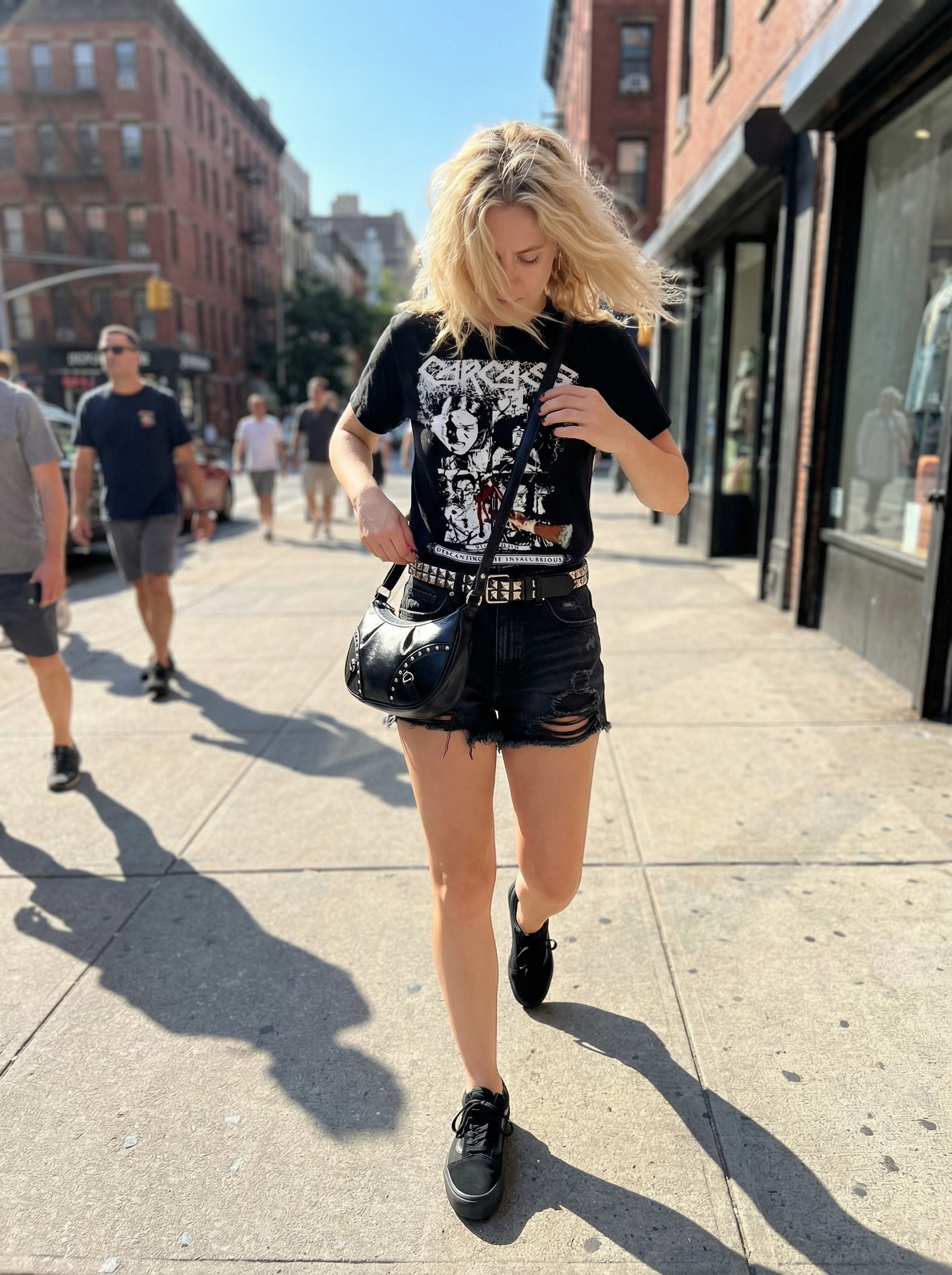 Punk Rock Princess: Edgy Goth Summer Outfits 2024 Rebellious goth summer outfit featuring a vintage band t-shirt, distressed black denim shorts, and platform sneakers. Perfect for concerts or festivals.