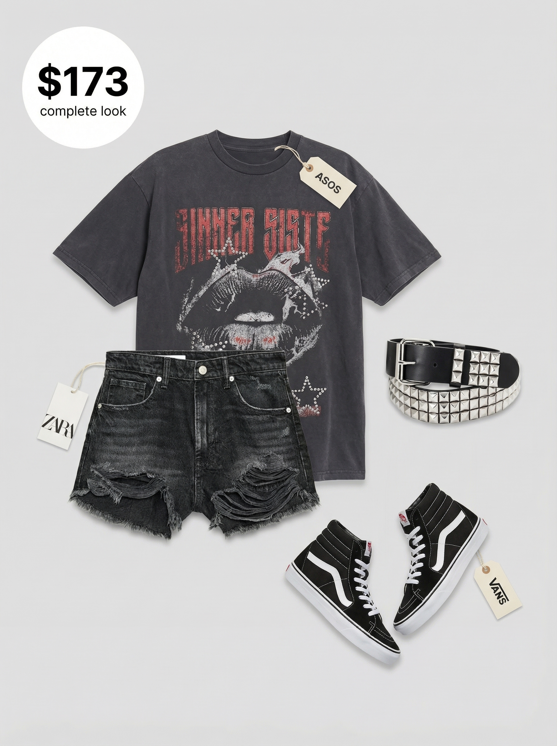 Rebel Goth Summer Night Out 2024 Rebellious Rebel Summer Night goth summer outfit with an oversized band t-shirt, ripped denim shorts, high-top sneakers, and a studded belt, for a casual night out.