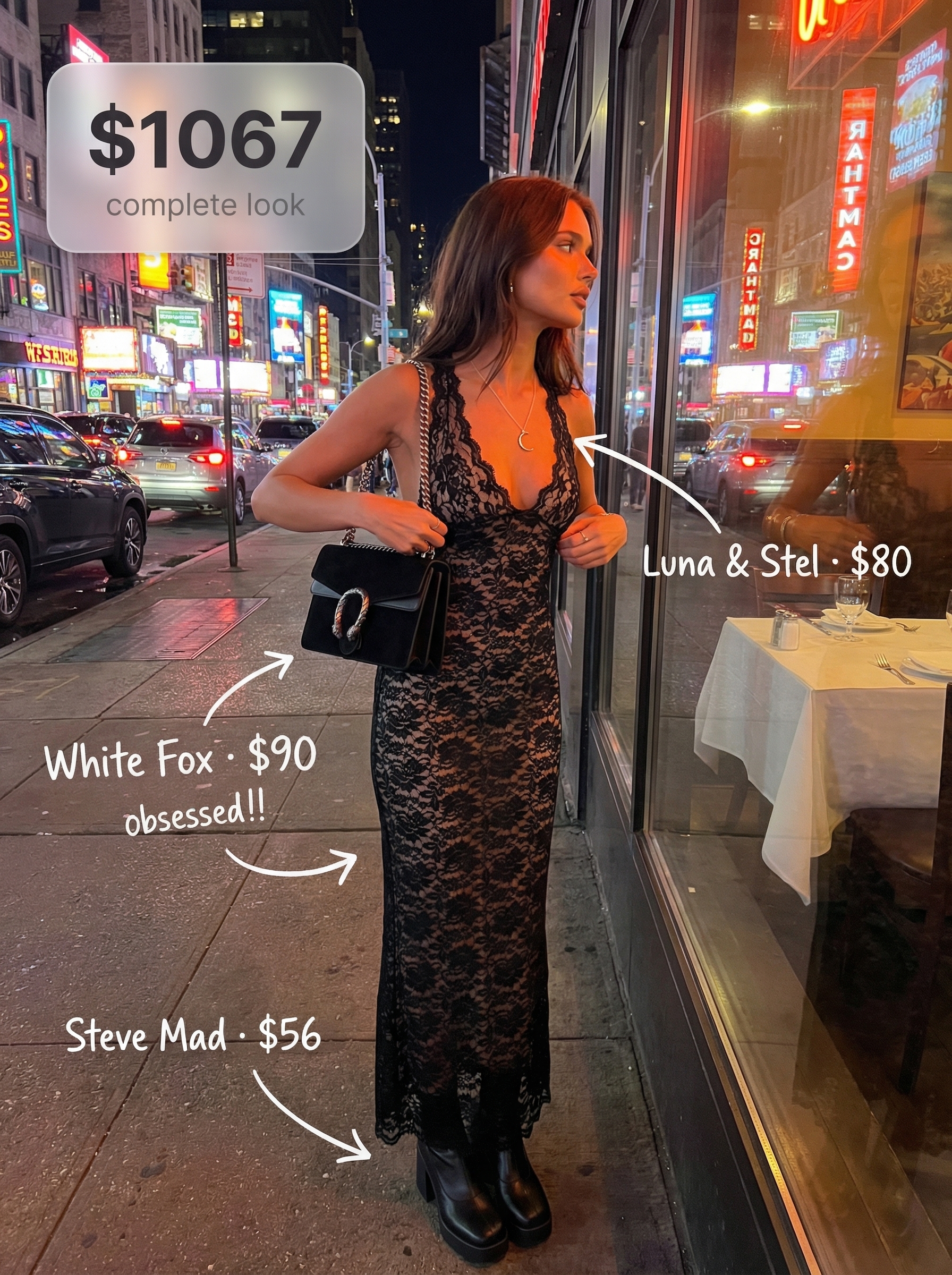 Romantic Goth Summer Evening Dress 2024 Romantic black lace maxi dress goth summer outfit with platform ankle boots and a crescent moon necklace, ideal for an evening event or concert.