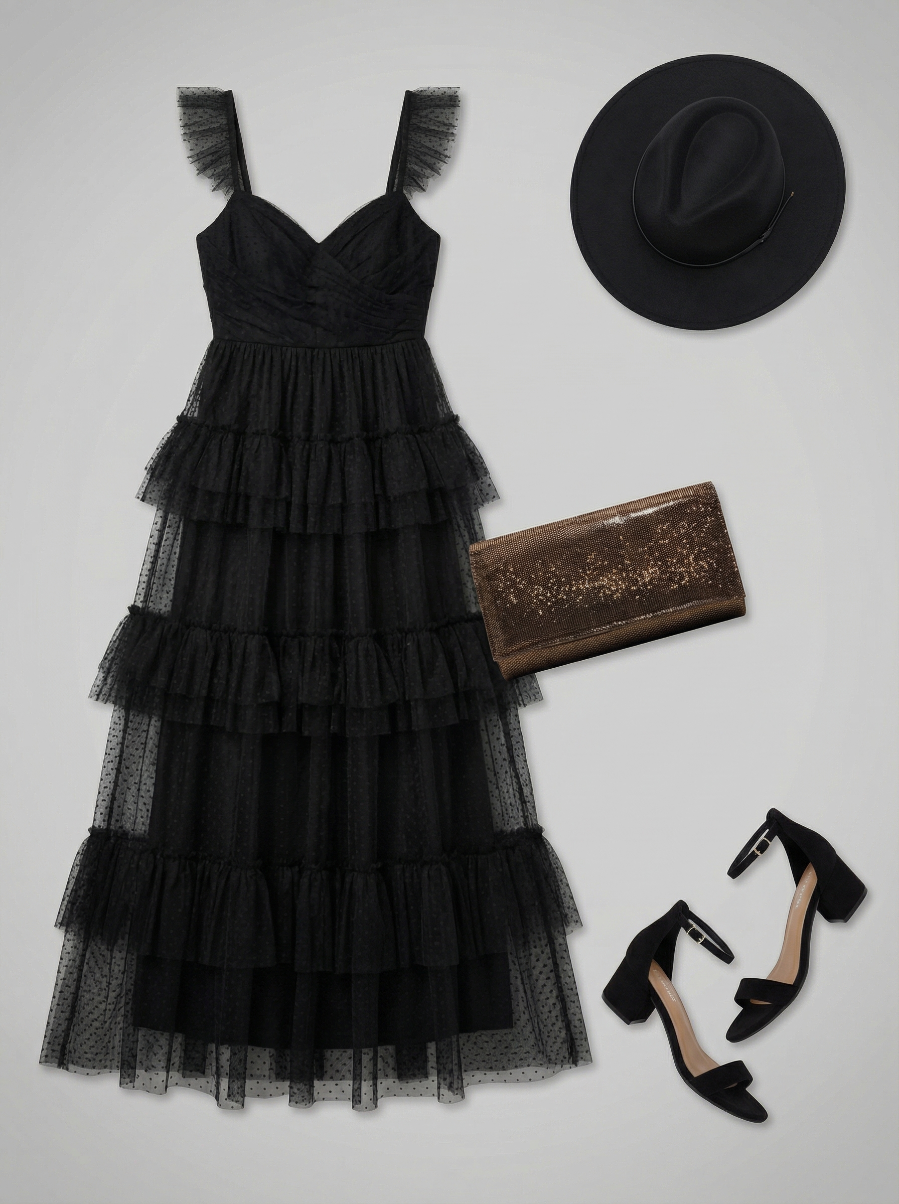 Summer Solstice Siren: Mystical Goth Summer Outfits 2024 Ethereal goth summer outfit with a flowy black maxi dress, bronze clutch, and wide-brimmed felt fedora. Ideal for outdoor twilight gatherings.
