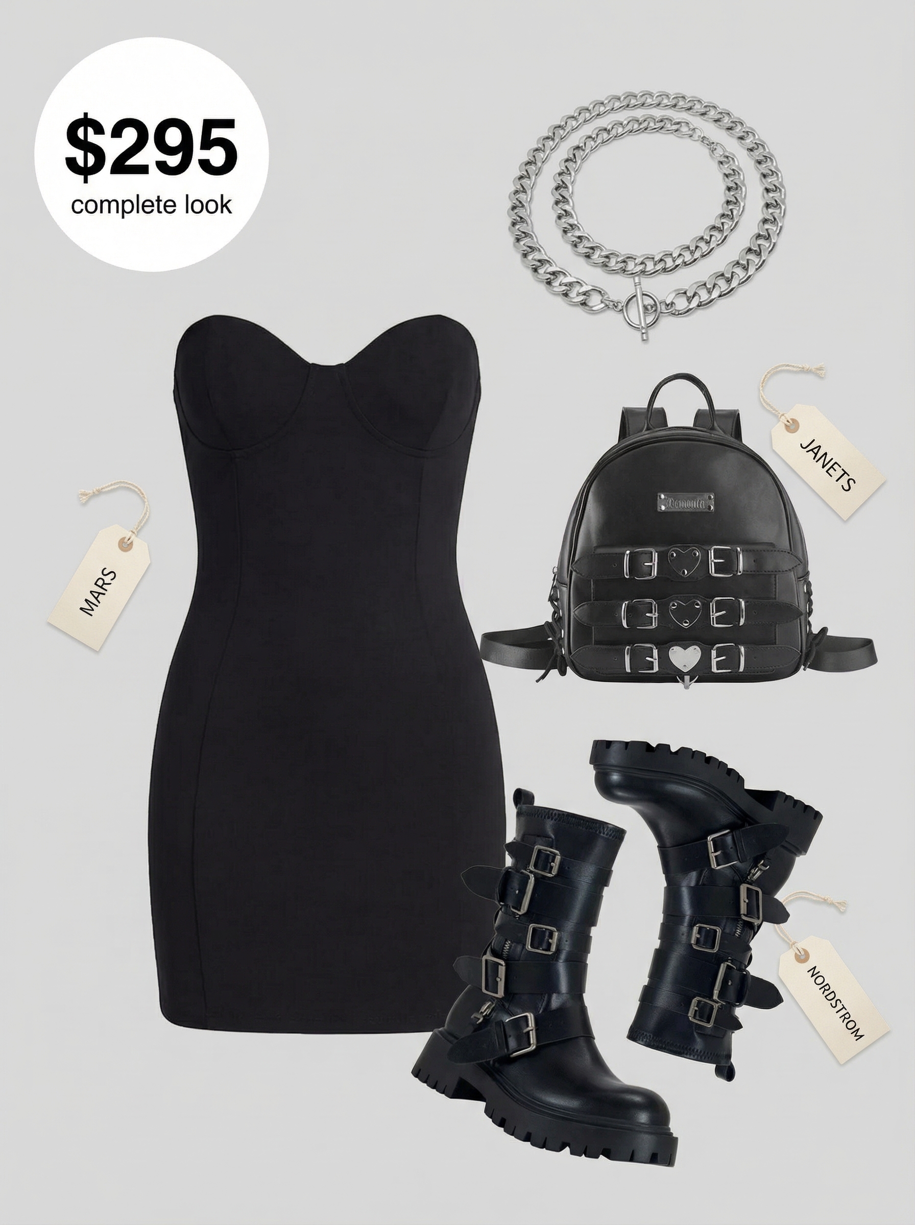 Urban Nocturne: Confident Goth Summer Outfits 2024 Confident urban goth summer night out outfit with a black bodycon mini dress, sheer mesh top, and platform combat boots. Ideal for clubbing or concerts.