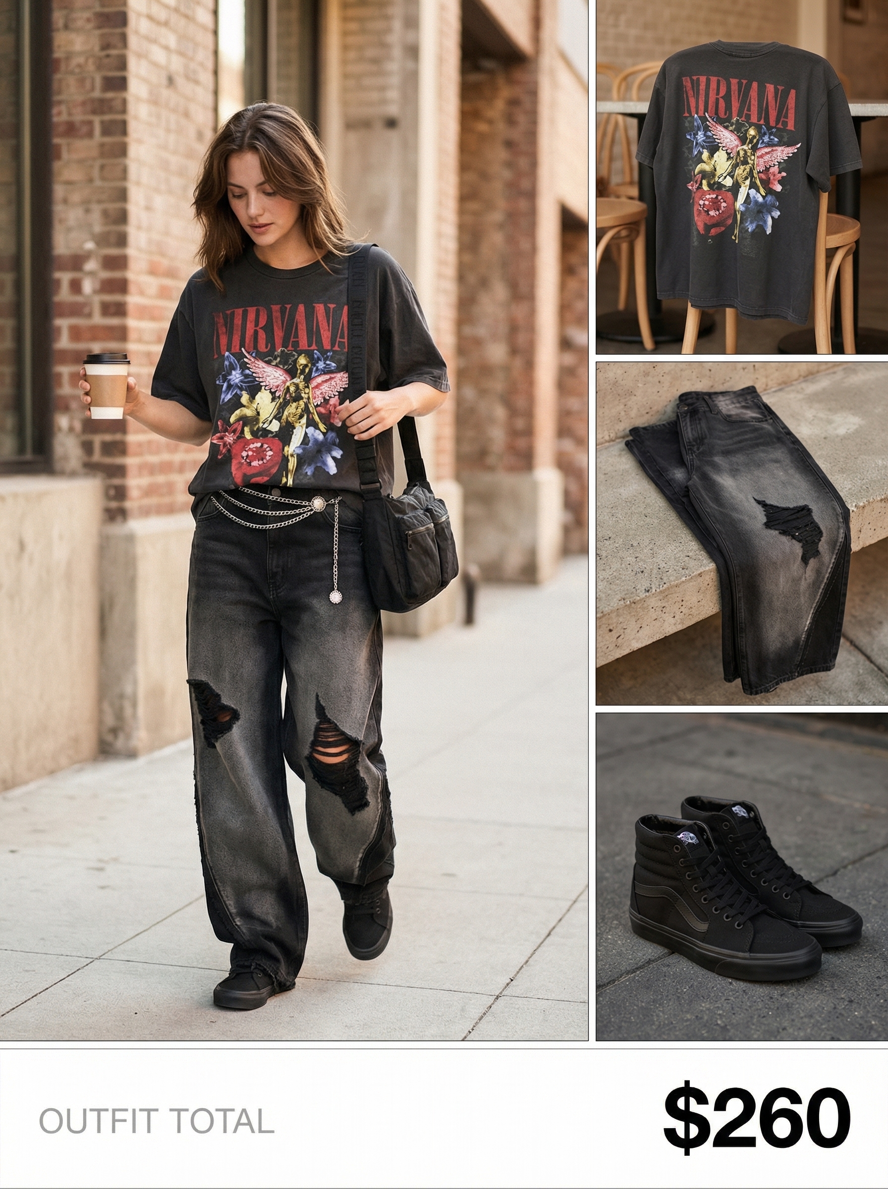 Urban Witchy Wanderer: Relaxed Goth Summer Style 2024 Relaxed streetwear goth summer outfit with black distressed wide-leg jeans, an oversized graphic tee, and high-top sneakers. Ideal for casual outings.