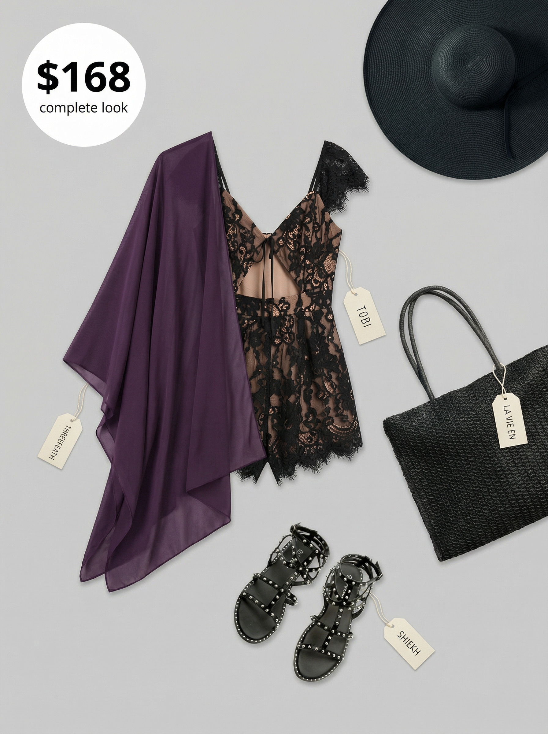 Vampire Beach Day: Edgy Goth Summer Outfits 2024 Edgy goth summer outfit for a beach day featuring a black lace romper, deep purple chiffon kimono, and large straw hat. Perfect for unique poolside style.