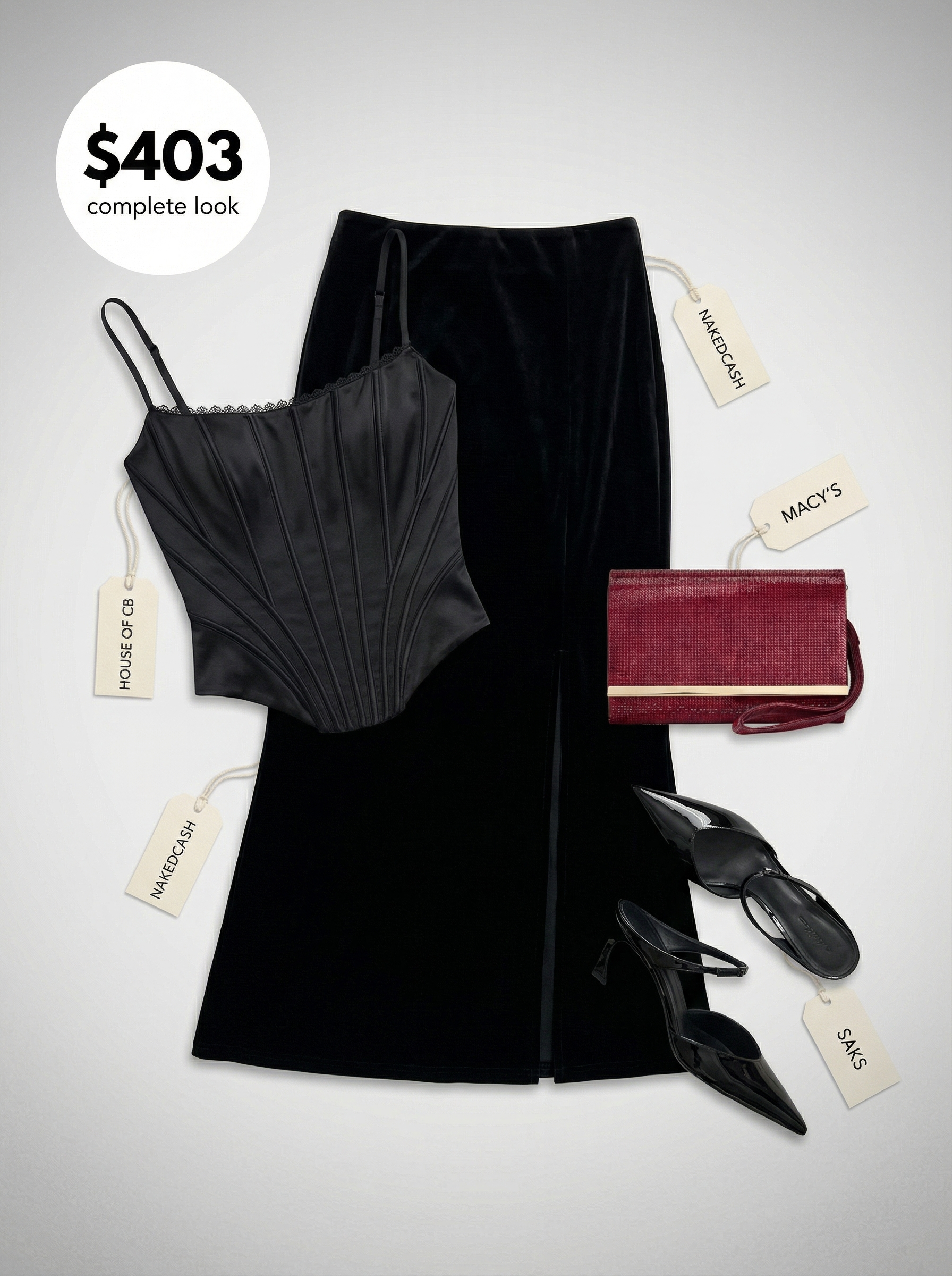 Velvet Night Out Goth Look 2024 Sultry goth summer outfit featuring a black satin corset, velvet midi skirt, and deep red clutch for a date night or cocktail party.