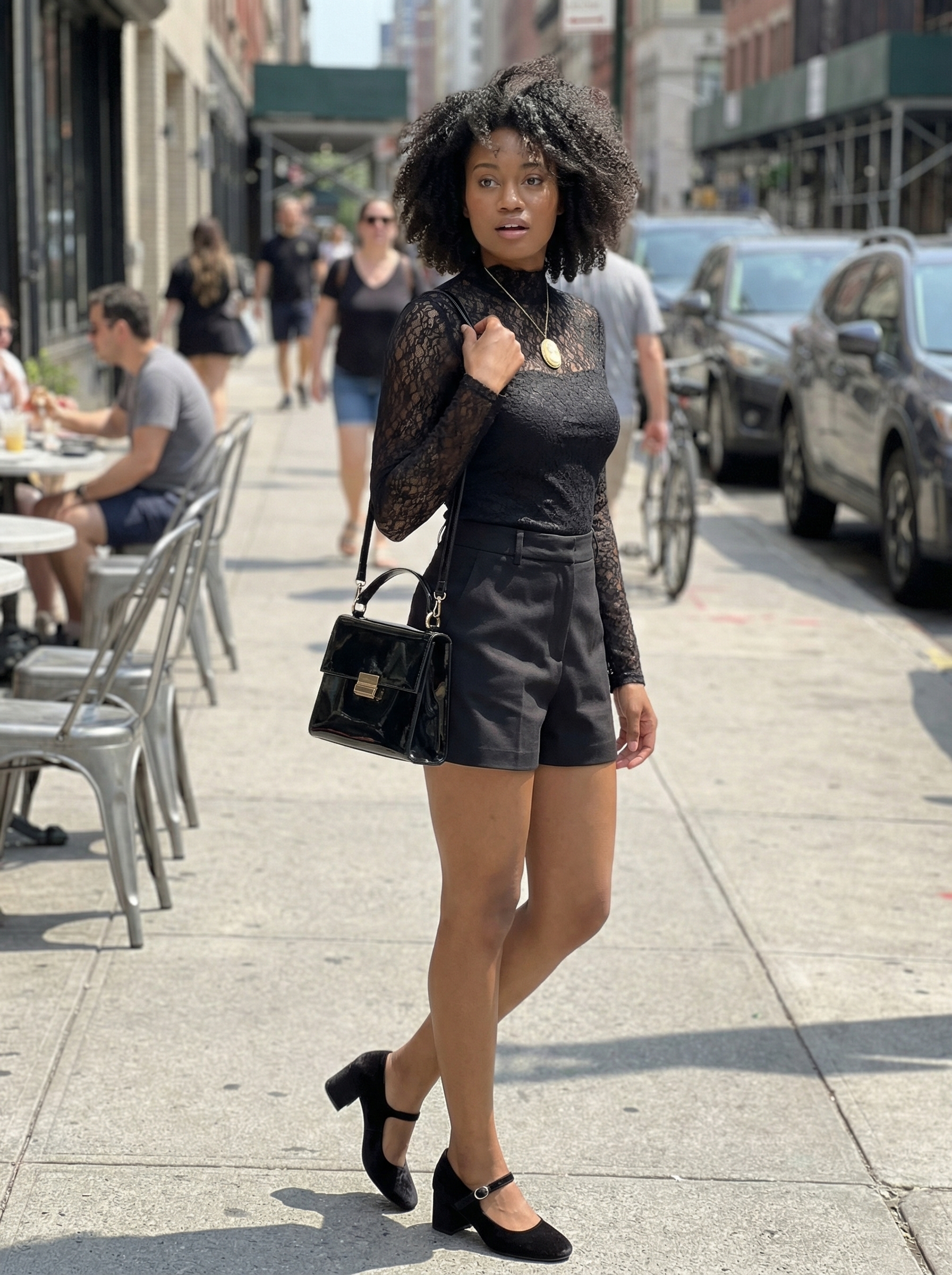 Victorian Goth Summer Picnic Look 2024 Elegant Victorian Picnic goth summer outfit featuring a black lace blouse, tailored shorts, velvet Mary Jane heels, and a cameo necklace, ideal for brunch.