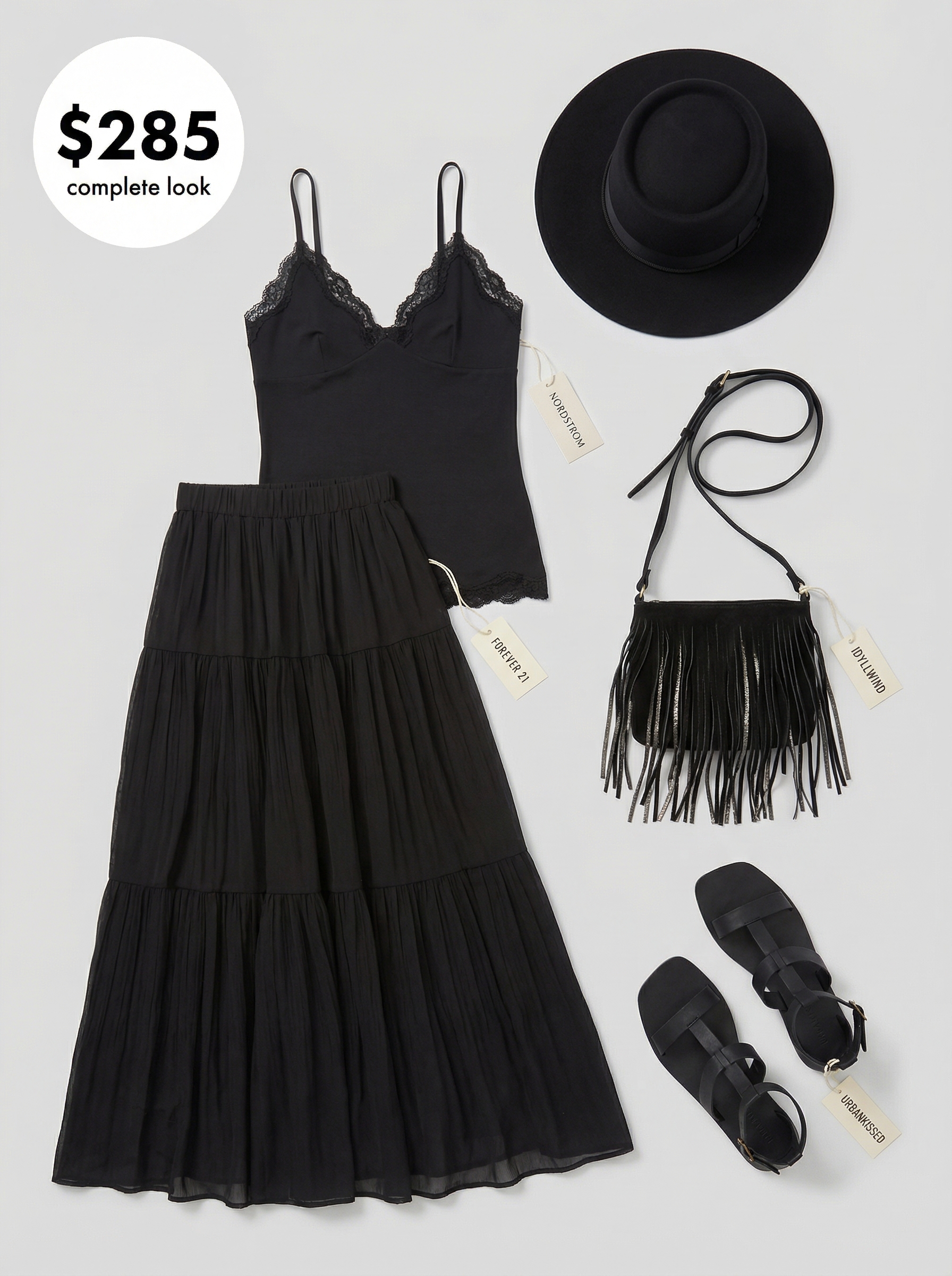 Witchy Goth Summer Vibes 2024 Ethereal goth summer outfit for a casual day: black tiered maxi skirt, lace trim camisole, wide-brim hat, and fringe crossbody bag.