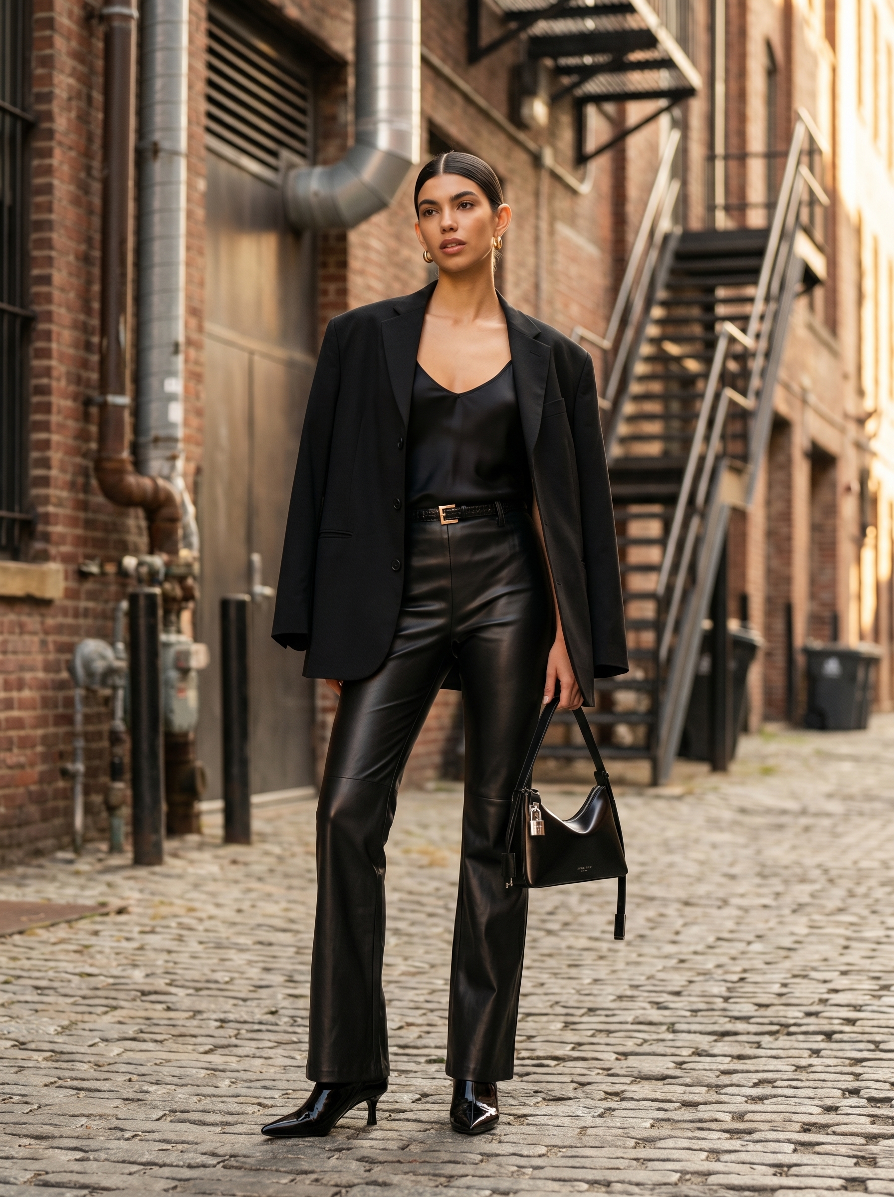 A sophisticated edgy grungy summer outfit 2026 for an art show: high-waisted faux leather pants, deconstructed blazer, silk camisole, and ankle boots.