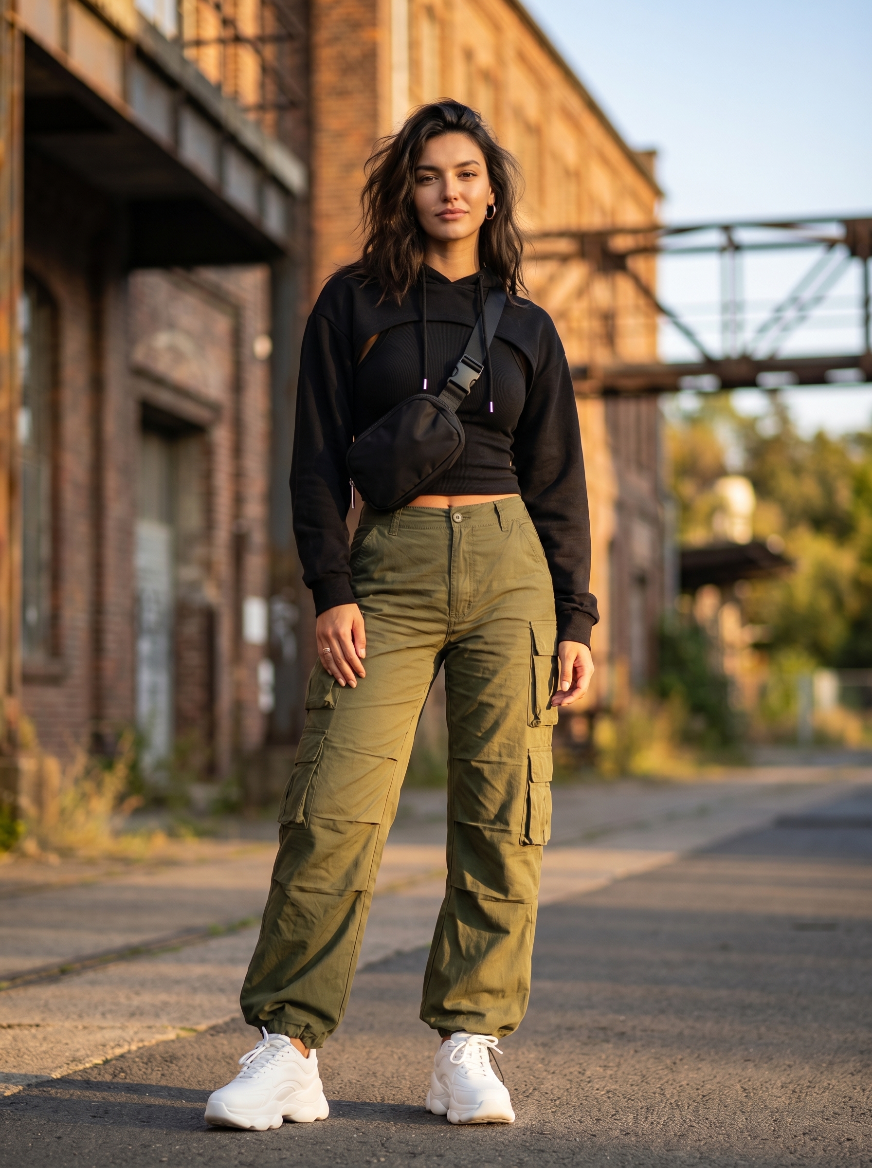 Utilitarian grungy summer outfits 2026 featuring olive green distressed cargo pants, a black ribbed crop top, and chunky platform sneakers for city exploration.