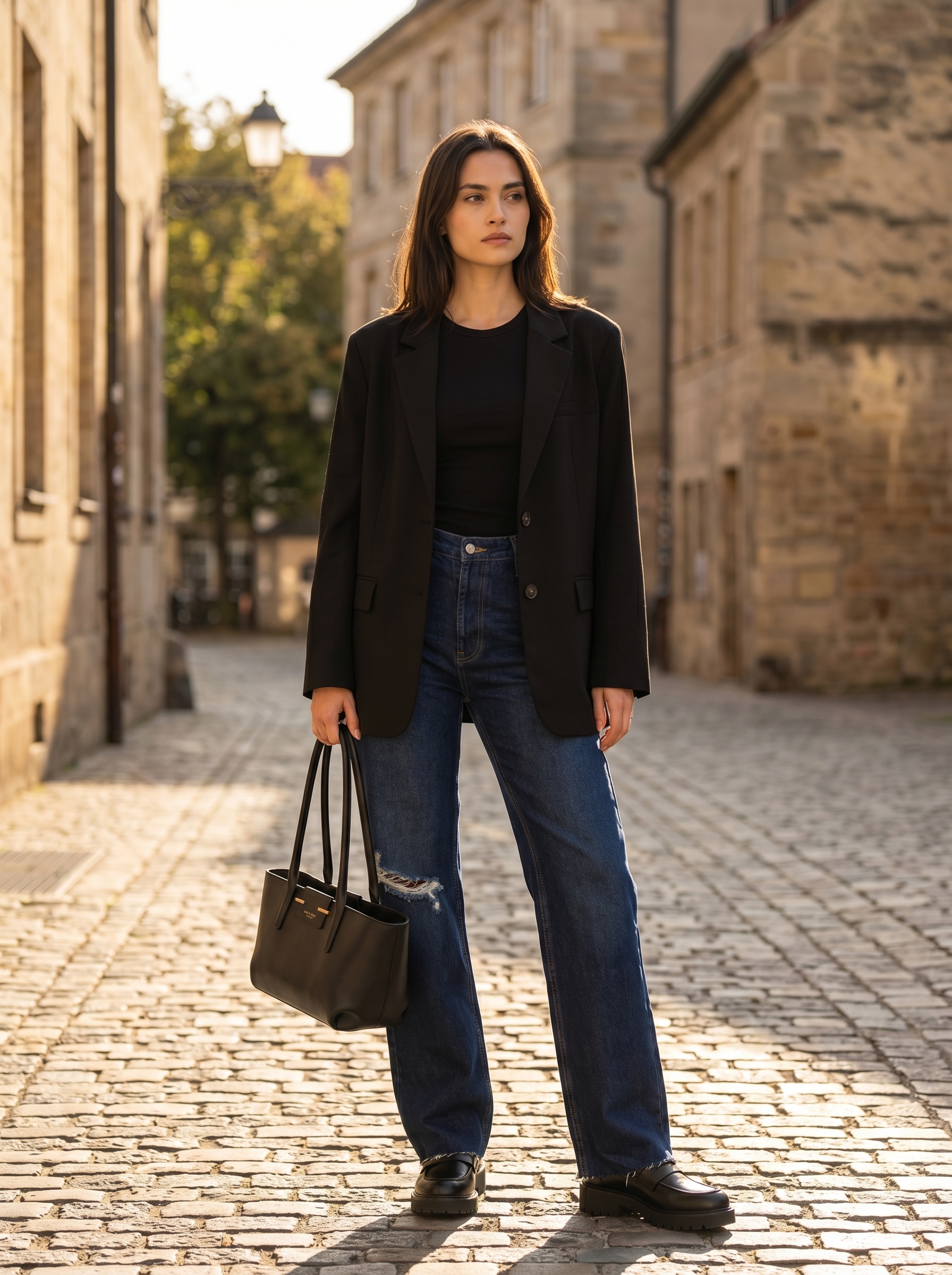 An intellectual grungy summer outfit 2026: an oversized black blazer, fitted tank top, ripped jeans, chunky loafers, and a structured satchel, perfect for a casual office.