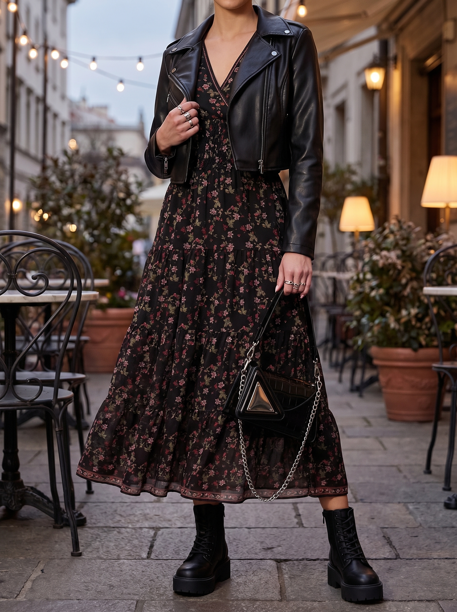 Romantic edgy grungy summer outfit 2026 for an evening garden party, combining a dark floral maxi dress with a cropped faux leather biker jacket and chunky platform boots.
