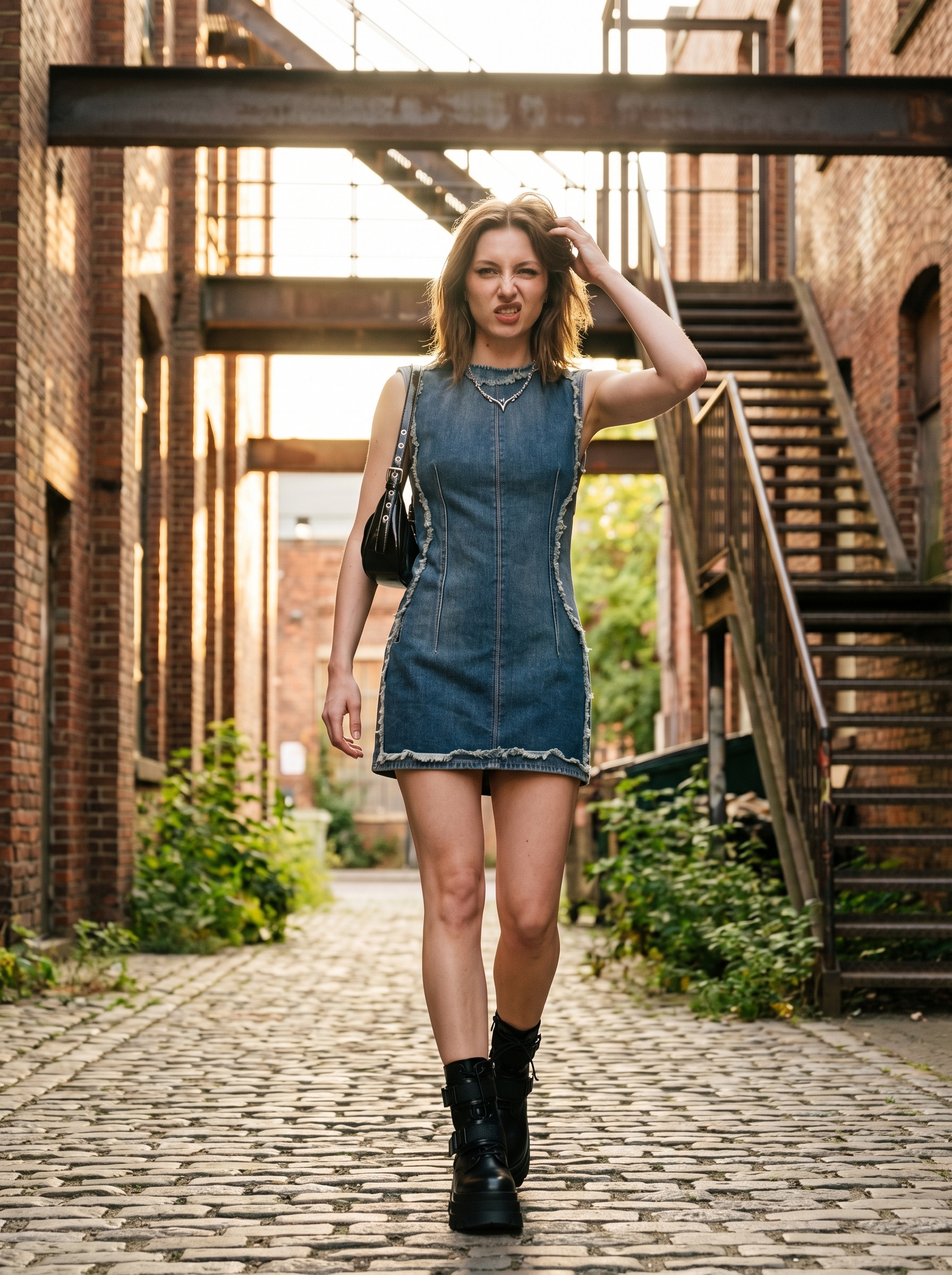 Playful grungy summer outfit with a deconstructed denim mini dress, studded belt, platform combat boots, and a chain choker for an art fair.