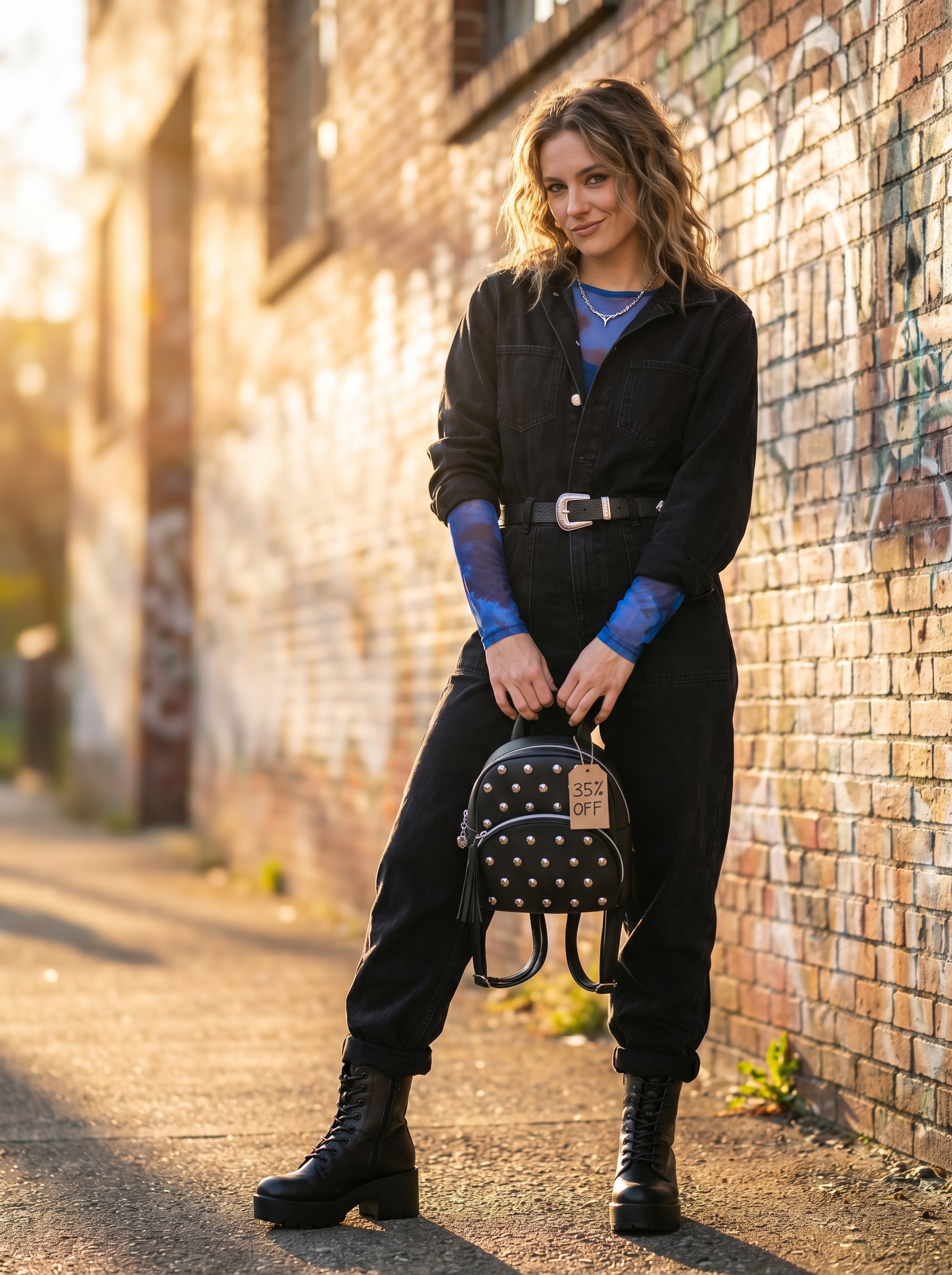 Rebellious grungy summer outfits 2026 with a black denim utility jumpsuit, electric blue mesh top, and platform combat boots for arcade night.