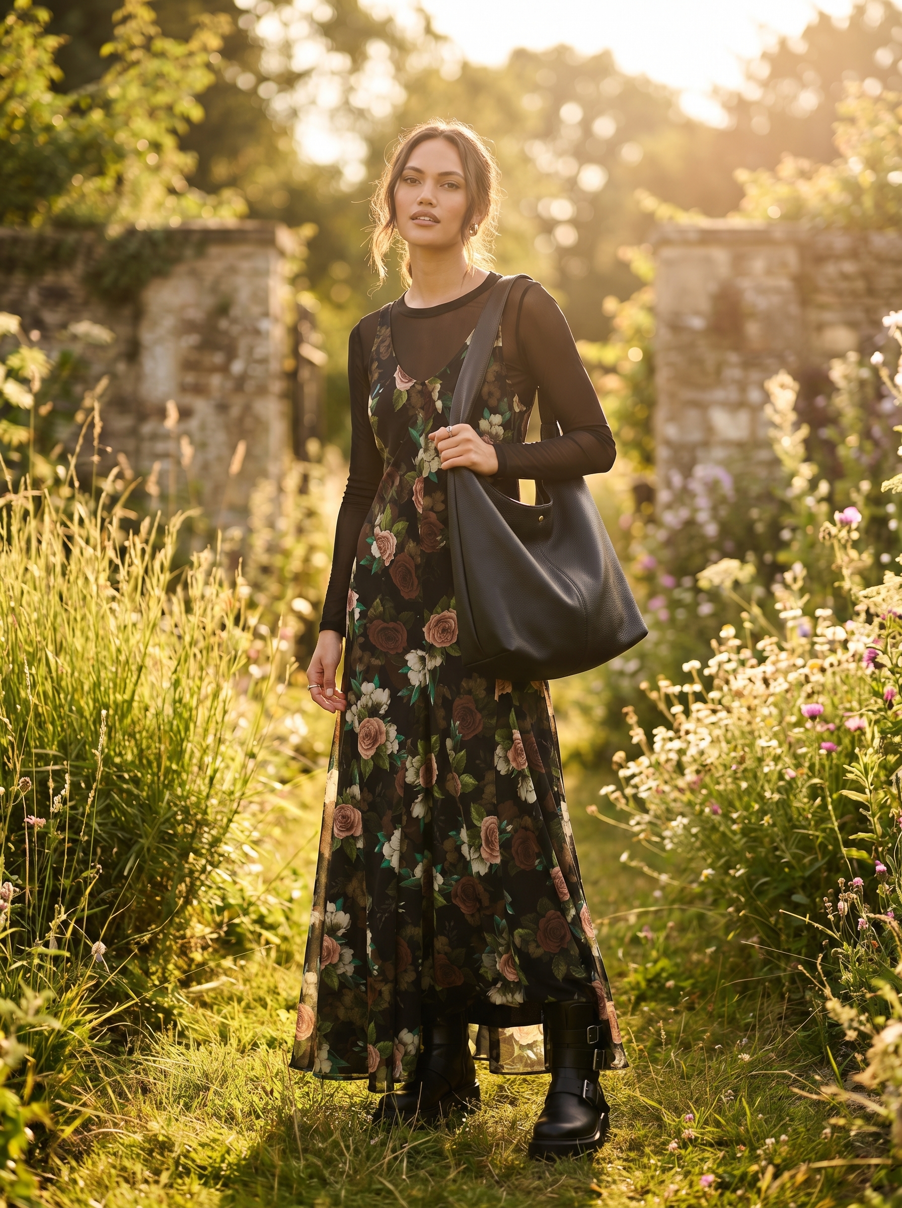 Eclectic grungy summer outfits 2026 featuring a black floral midi slip dress, sheer mesh top, and black ankle boots for a grunge garden party.