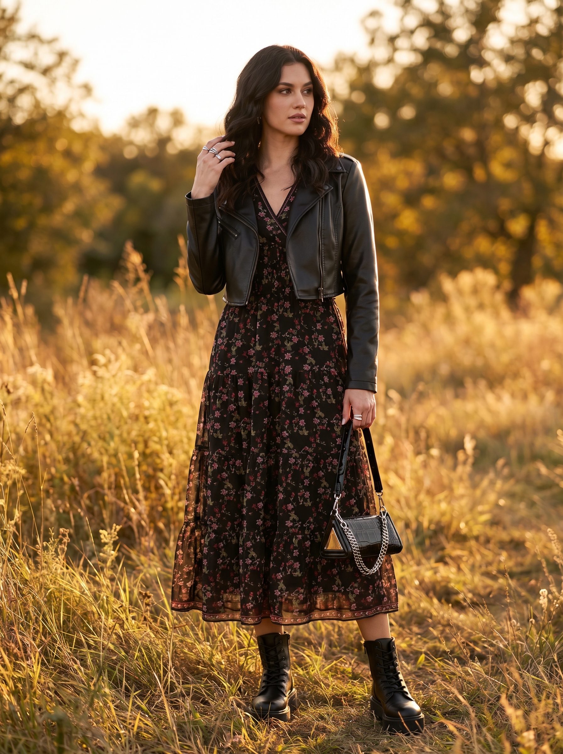 A romantic edgy grungy summer outfit 2026 featuring a dark floral maxi dress, cropped leather biker jacket, platform boots, and silver rings for a garden party.