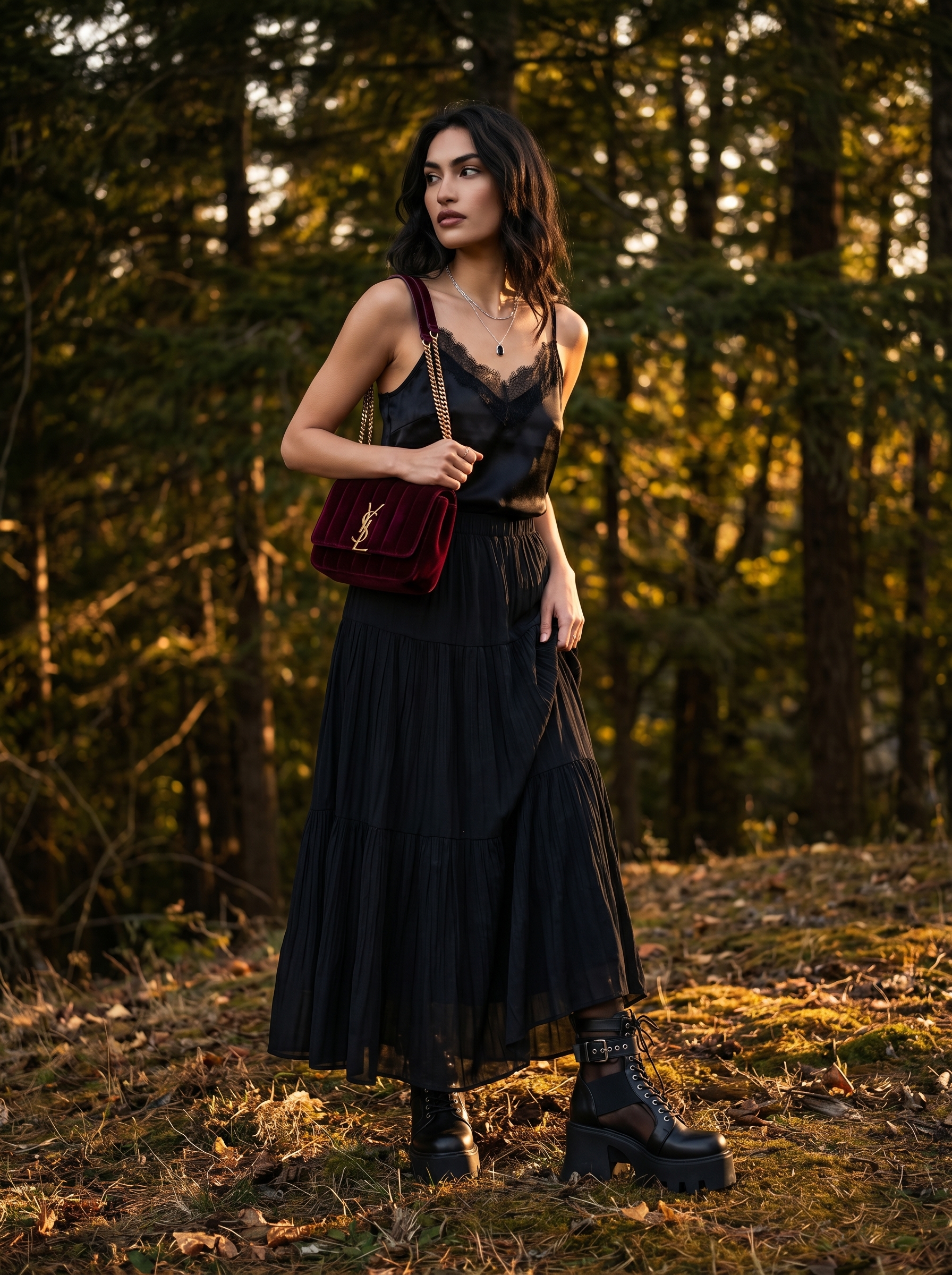 A dramatic grungy summer outfit 2026 combining a black flowy maxi skirt, lace trim camisole, platform ankle boots, and a burgundy velvet bag for an evening event.