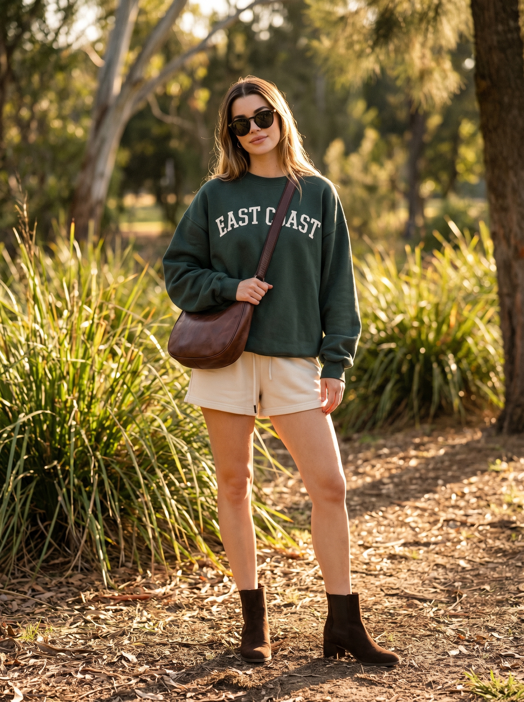 Nostalgic grungy summer outfits 2026 with a muted olive green graphic sweatshirt, distressed skinny jeans, and brown suede ankle boots for a coffee date.