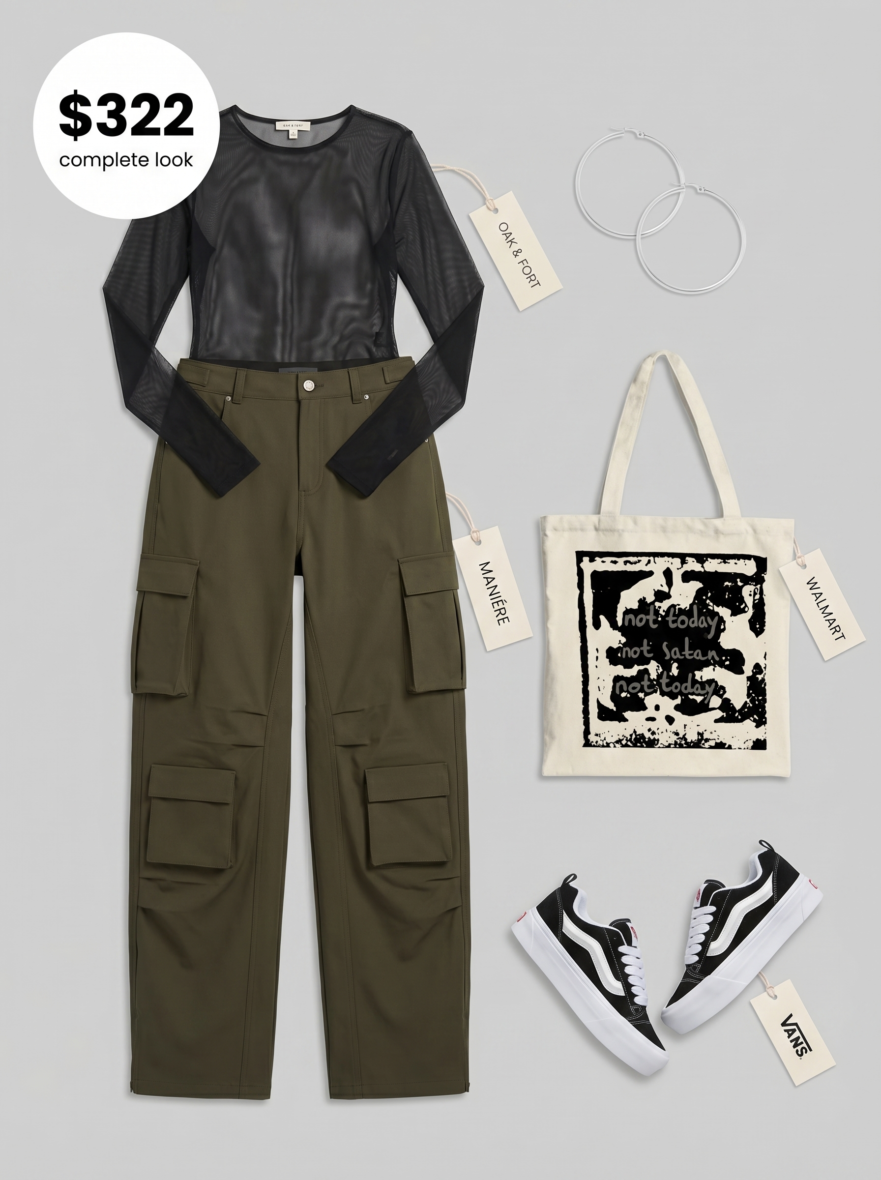 Utilitarian edgy grungy summer outfit 2026 for city exploration, featuring high-waisted khaki cargo pants, a sheer mesh top, chunky sneakers, and a graphic tote bag.