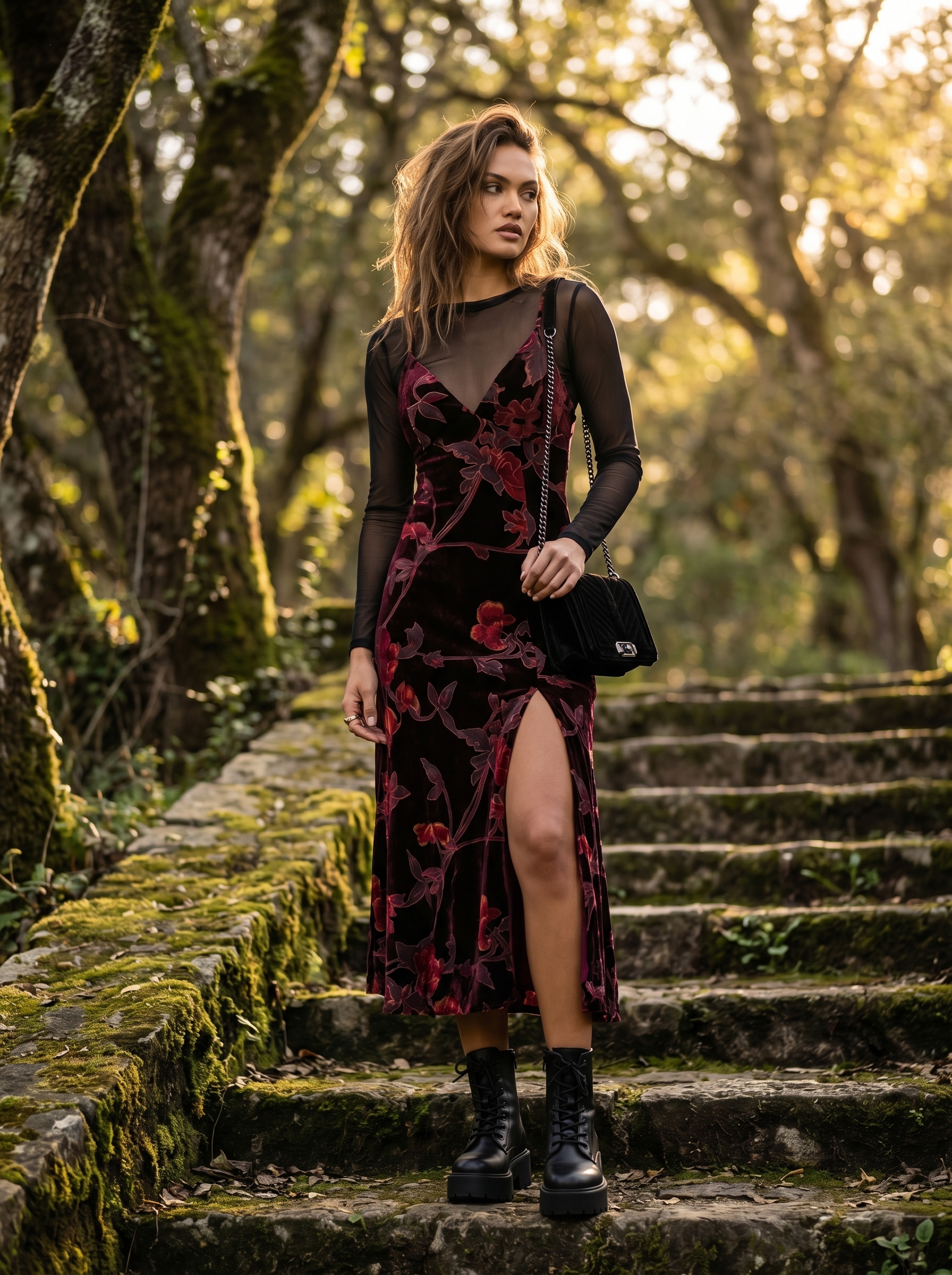 Sensual grungy summer outfit for a date night, featuring a deep plum floral velvet slip dress over a sheer mesh top, black platform ankle boots, and a velvet bag.
