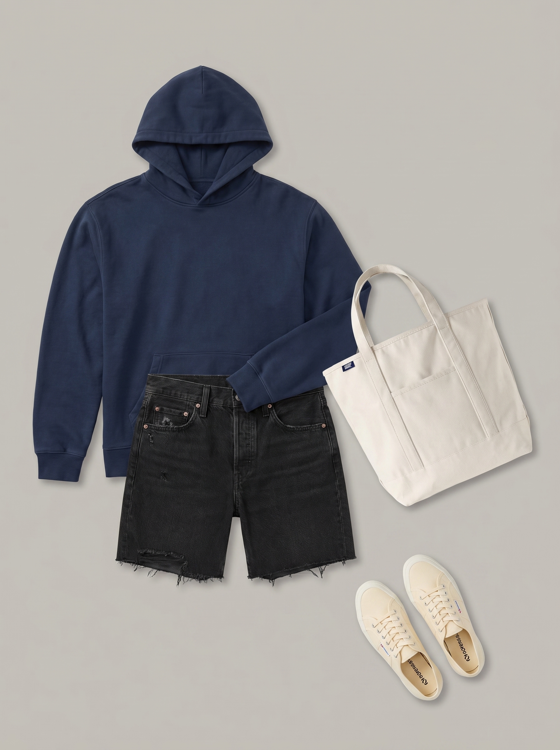 Relaxed cool grungy summer outfit 2026 for a beach bonfire, showcasing an oversized navy graphic hoodie, distressed denim shorts, and classic canvas low-top sneakers.