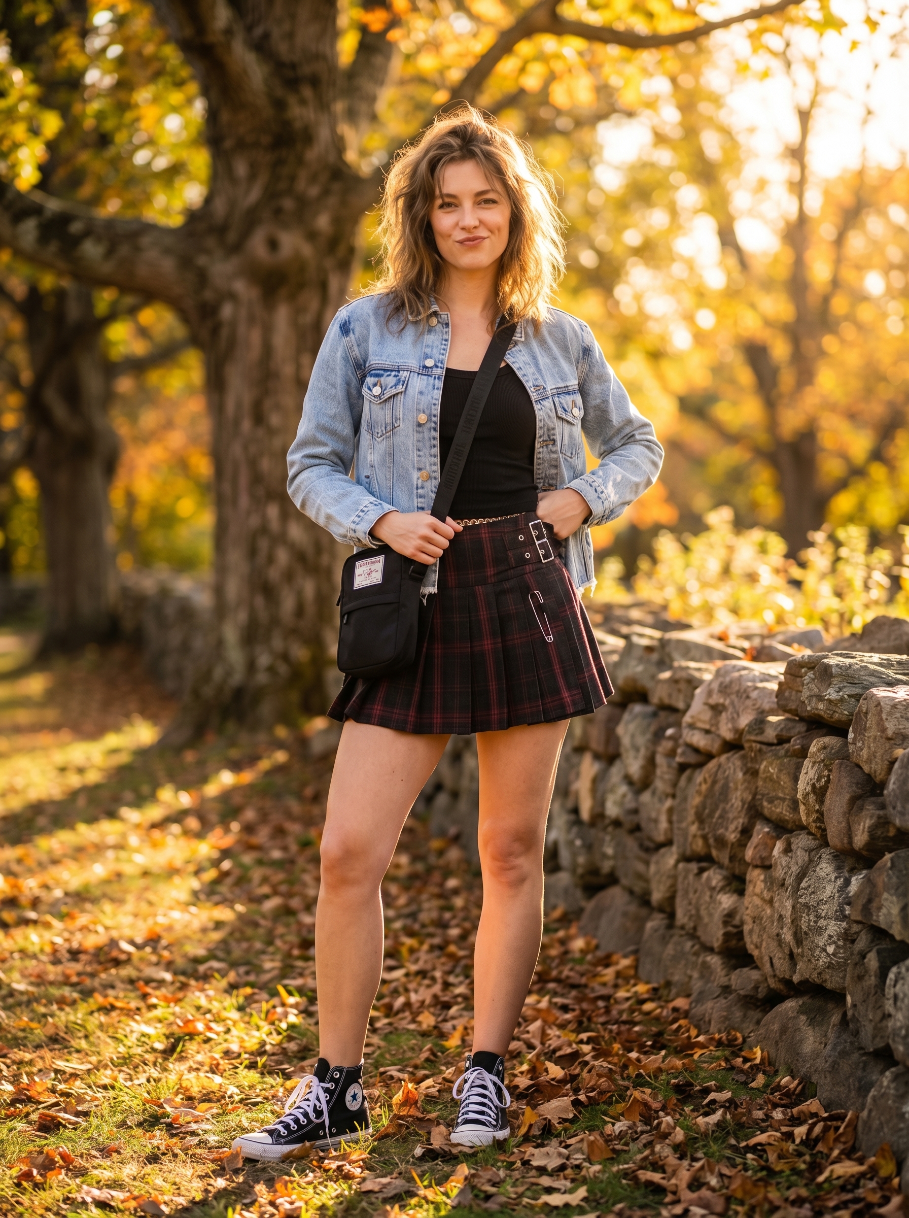 Playful red plaid mini skirt, black tank top, oversized distressed denim jacket, and high-top sneakers creating a casual grungy summer outfit.