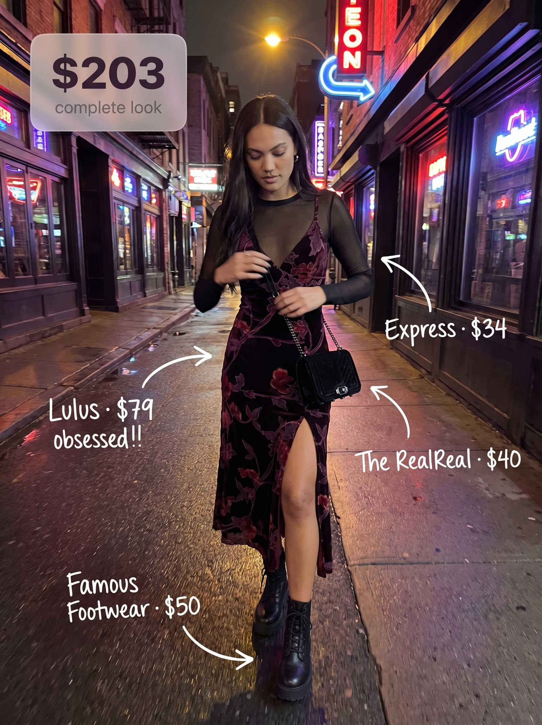 Sensual romantic grungy summer outfit 2026 for a date night with a deep plum velvet floral slip dress layered over a sheer mesh top and chunky platform ankle boots.