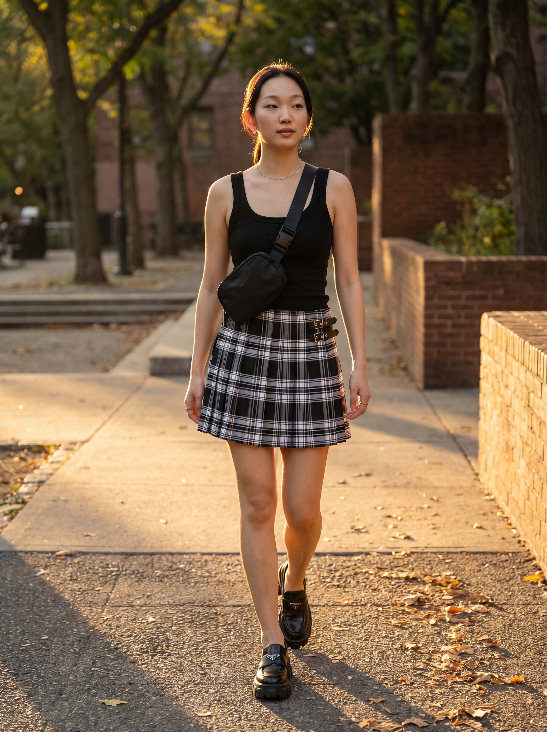 Casual grungy summer outfit for a picnic, featuring a black and white plaid pleated mini skirt, ribbed tank top, platform loafers, and a belt bag.