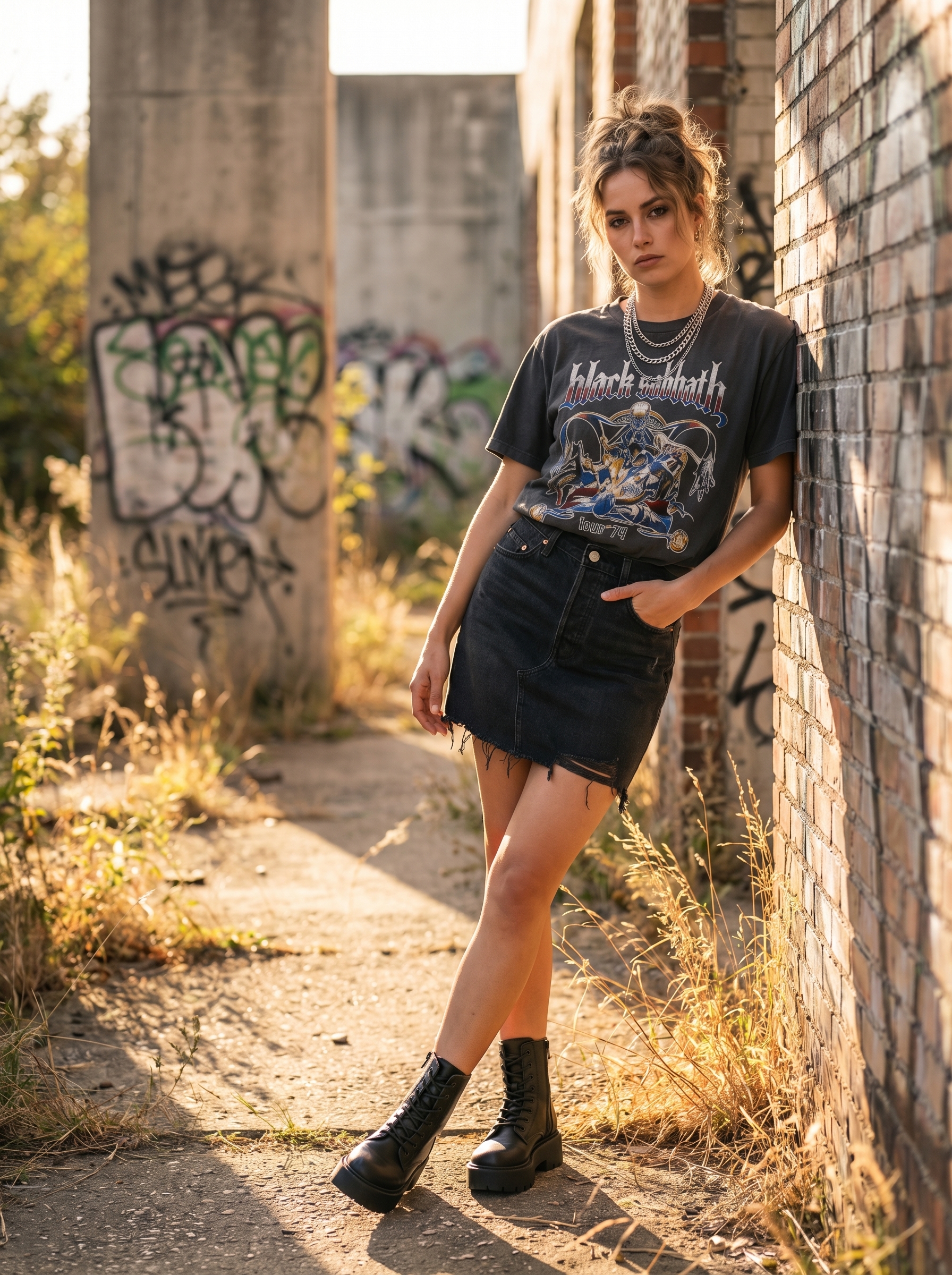 Edgy grungy summer outfits 2026 featuring a charcoal grey graphic band t-shirt, ripped black denim mini skirt, and black chunky combat boots for a concert.