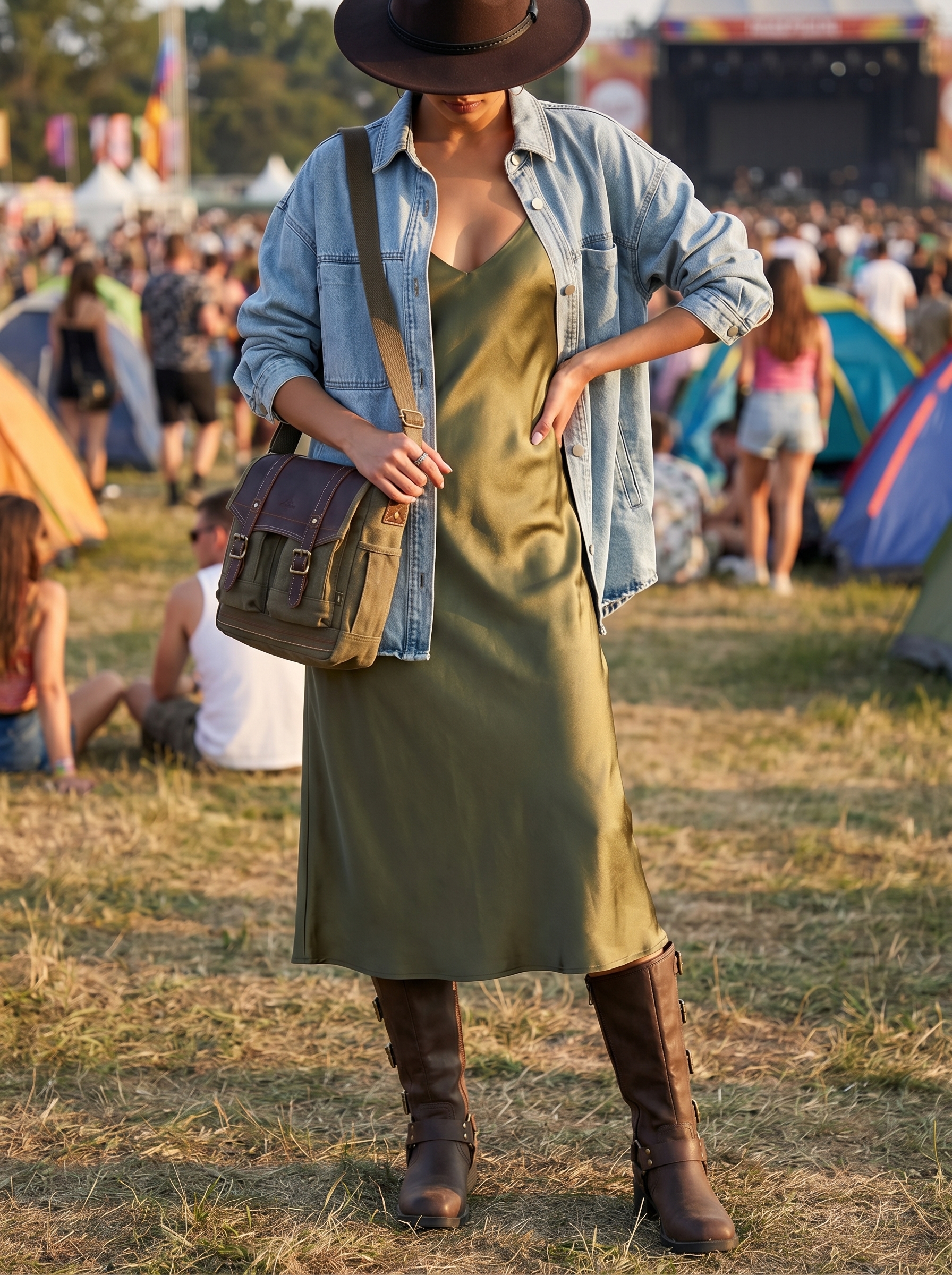 Free-spirited edgy grungy summer outfit 2026 for a music festival, featuring an olive green satin slip dress, an oversized denim jacket, and distressed leather ankle boots.
