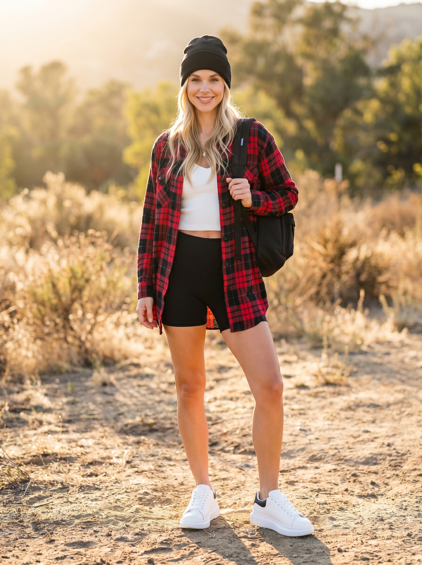 Playful grungy summer outfits 2026 with a red and black plaid flannel shirt, black biker shorts, and chunky platform sneakers for skate park style.