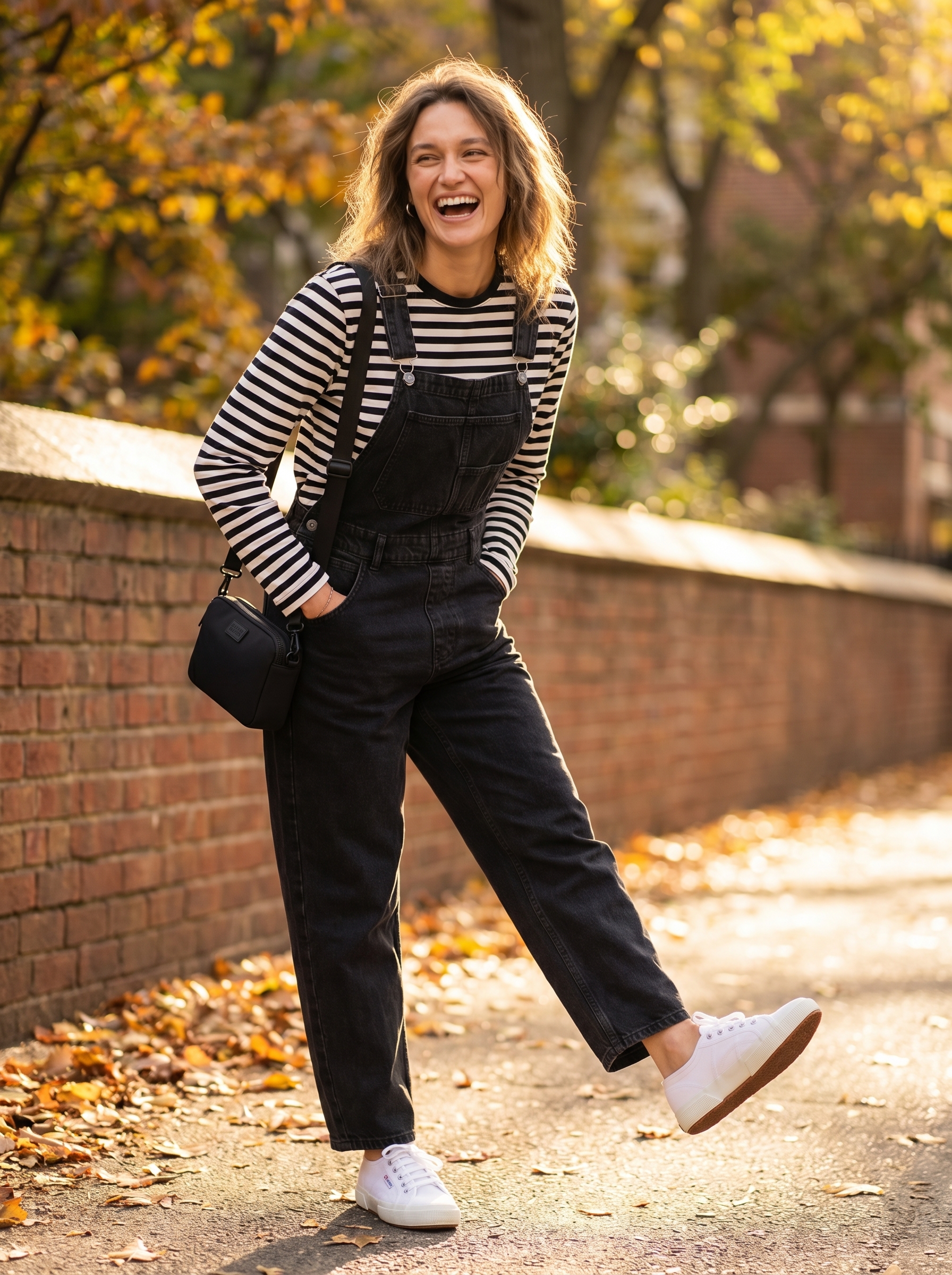 Youthful grungy summer outfit with black denim overalls, a striped long-sleeve tee, classic canvas sneakers, and a crossbody bag for a casual evening.