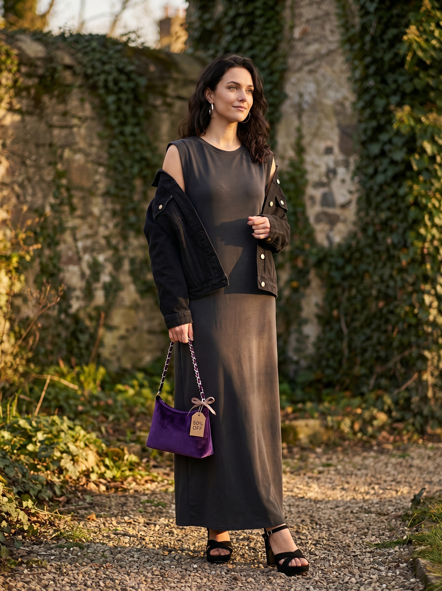 A mysterious grungy summer outfit 2026 with a black sleeveless maxi dress, distressed denim jacket, platform sandals, and a deep violet velvet bag for an evening stroll.