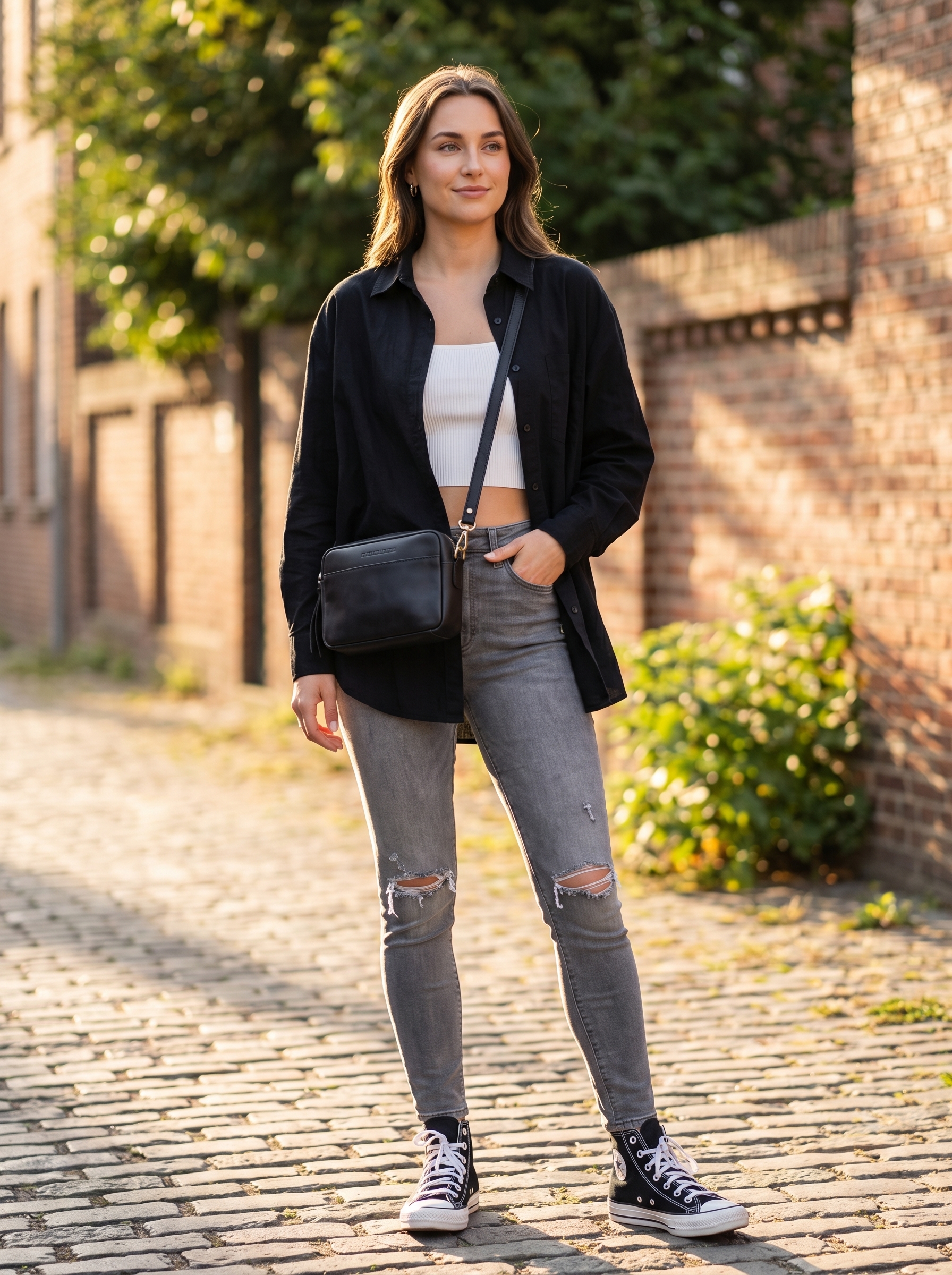 Artistic grungy summer outfits 2026 pairing a white ribbed crop tank, charcoal ripped skinny jeans, and an oversized black button-down for an art gallery.