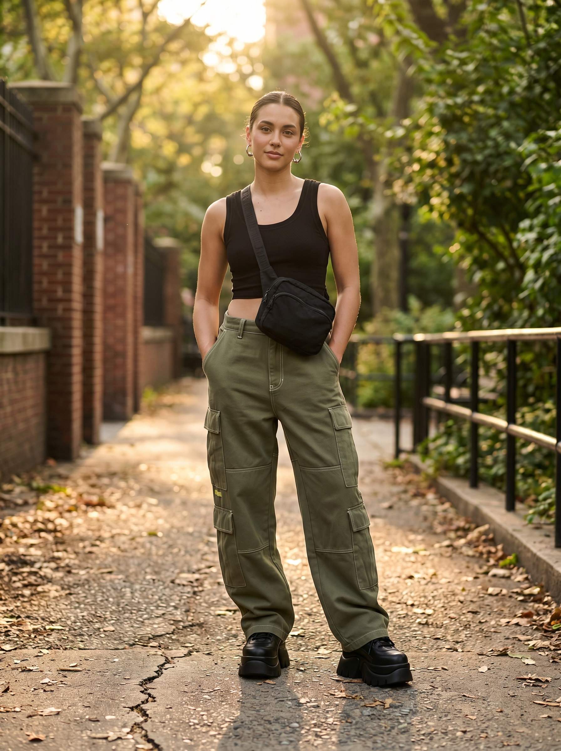 Utilitarian grungy summer outfit with khaki cargo pants, a black ribbed knit cropped tank, chunky platform sneakers, and a utility belt bag for urban exploration.