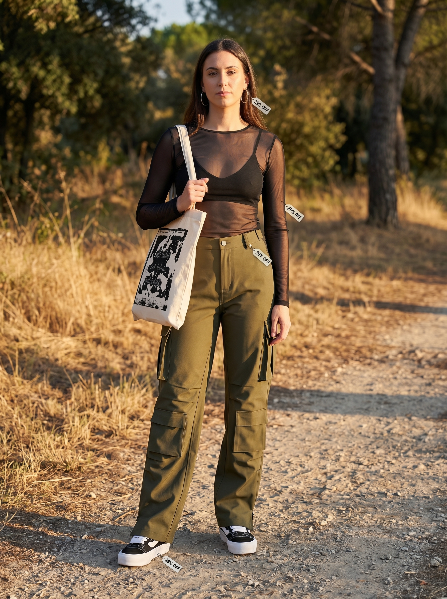 A grungy summer outfit 2026 featuring khaki wide-leg cargo pants, a black sheer mesh top, chunky sneakers, and a graphic canvas tote, perfect for city exploration.