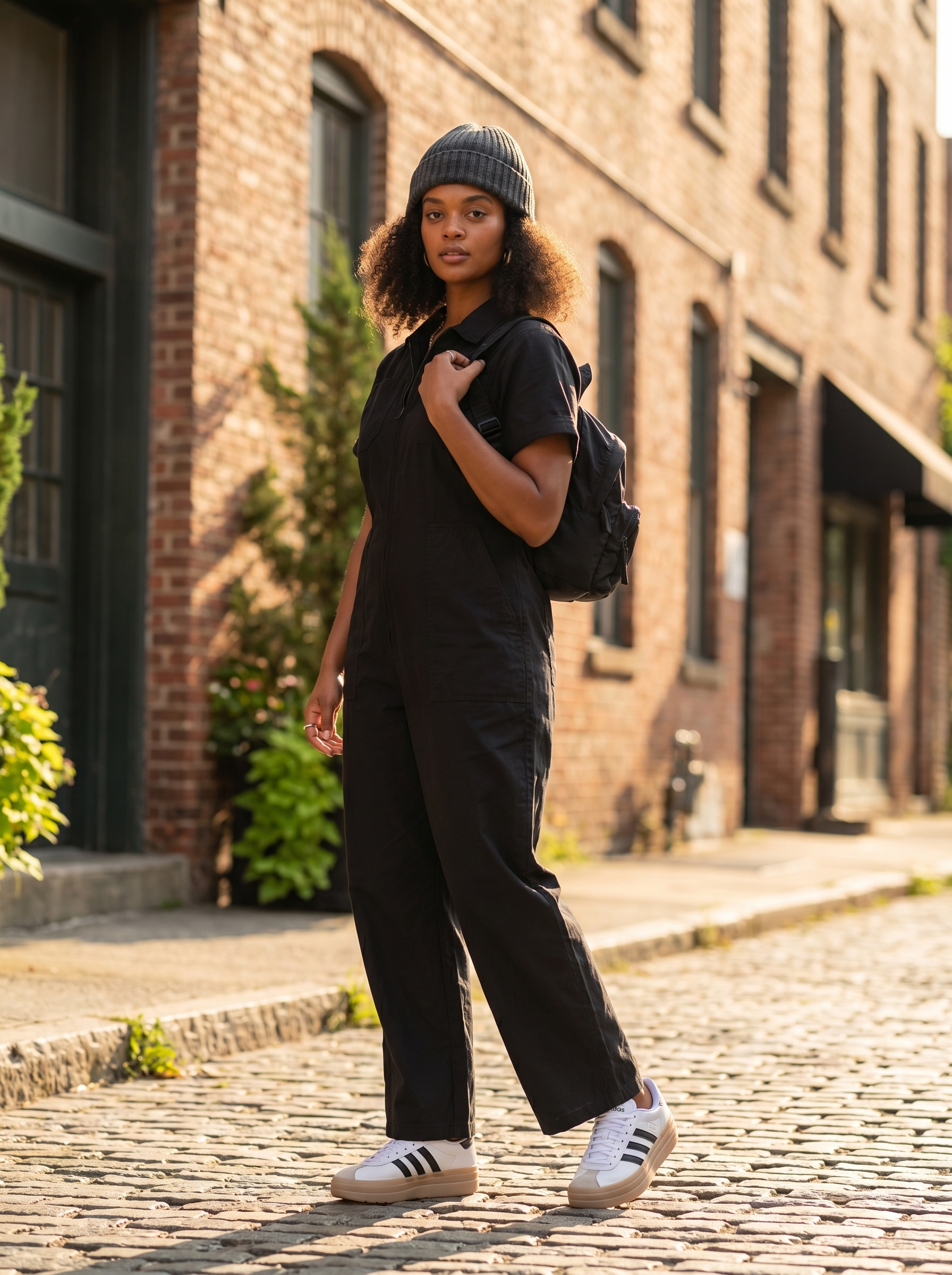 Modern grungy summer outfits 2026 featuring a black short-sleeve utility jumpsuit, chunky sneakers, and a ribbed knit beanie for urban exploration.