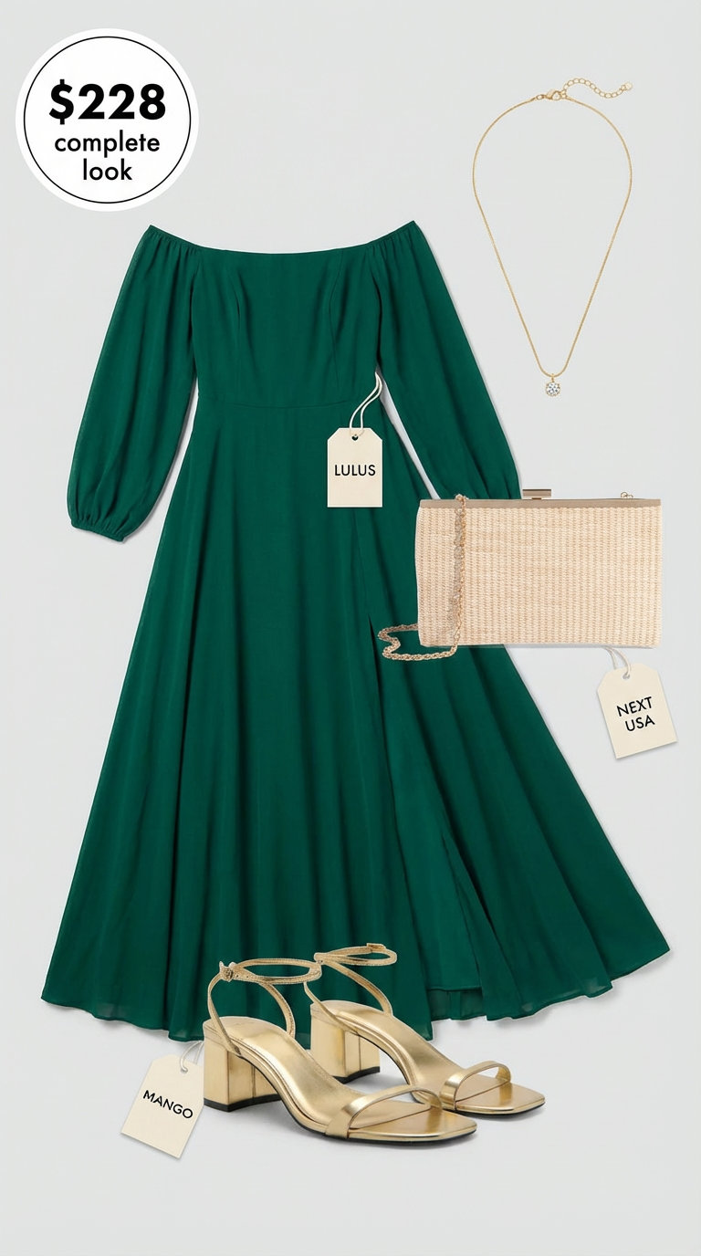 Amalfi Evening Glamour: Italian Summer Outfits 2024 Luxurious emerald green off-the-shoulder maxi dress, perfect for Italian summer outfits evening events. Paired with metallic gold strappy block heel sandals, a woven straw clutch, and a delicate gold chain necklace, ideal for a romantic Amalfi Coast dinner.