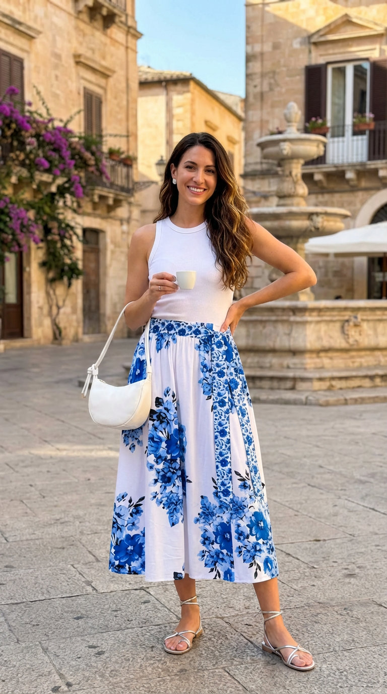 Chic Capri Island Exploration: Italian Summer Outfit 2024 A chic and playful Italian summer outfit featuring a cobalt blue and white Mediterranean print midi skirt, a white ribbed knit top, silver slide sandals, and a white crossbody bag, ideal for exploring Capri.