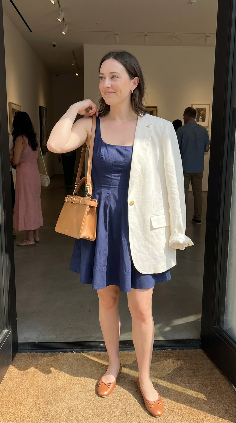 Florence Gallery Chic: Italian Summer Outfits 2024 Polished navy sleeveless A-line mini dress, perfect for Italian summer outfits and a Florence gallery visit. Layered with a white lightweight tailored blazer, a navy structured mini top-handle bag, and tan leather ballet flats, ideal for a chic daytime event.