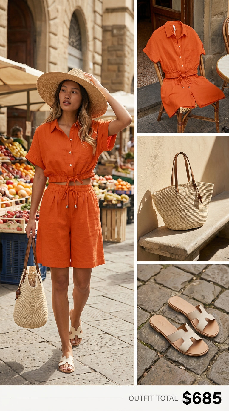 Effortless Florence Market: Italian Summer Outfits 2024 A coordinated and effortless Italian summer outfit with a terracotta linen two-piece set (cropped shirt and shorts), cream leather slide sandals, a woven market tote bag, and a wide-brim straw hat, perfect for exploring Florence markets.