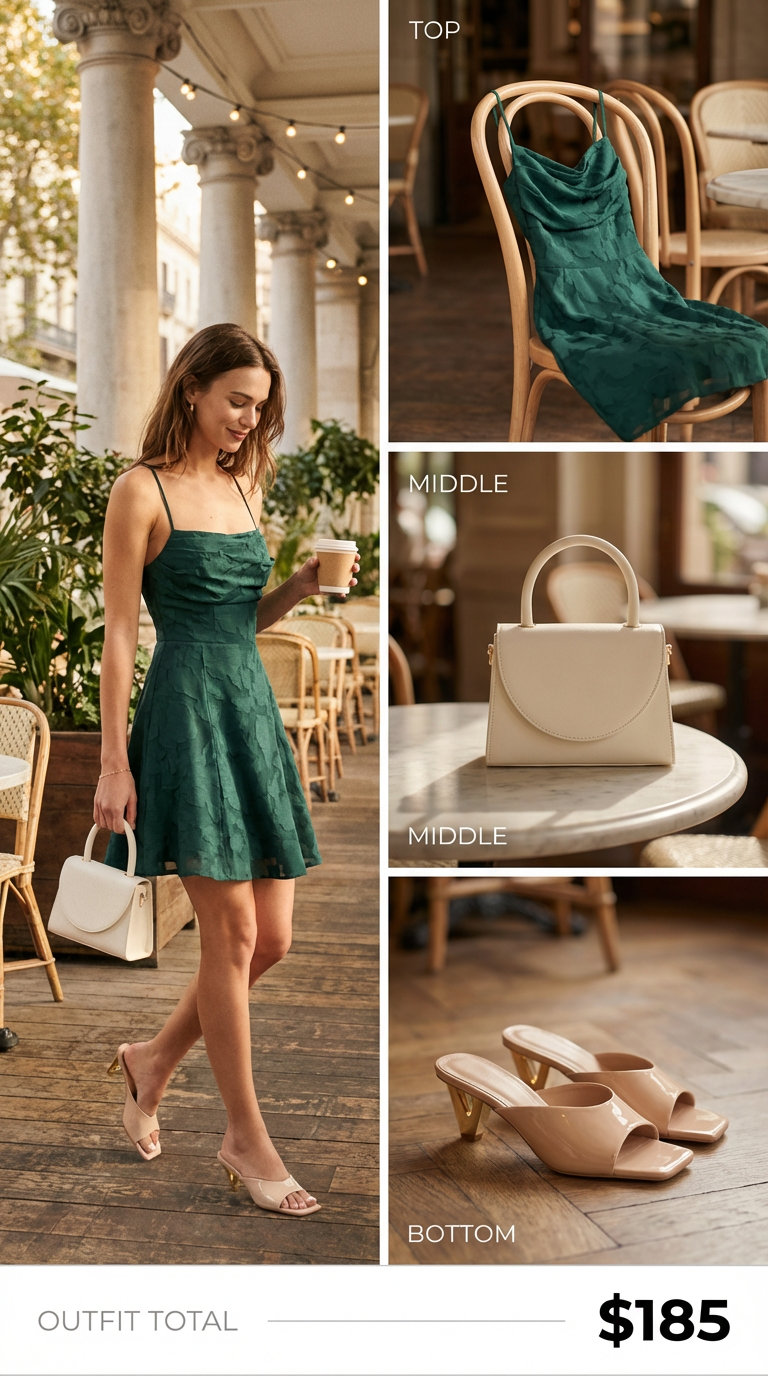 Chic Lake Como Lunch: Italian Summer Outfits 2024 A chic and sophisticated Italian summer outfit featuring an emerald green A-line mini dress, a structured top-handle bag, low block heel mules, and a delicate gold chain bracelet, perfect for a Lake Como lakeside lunch.