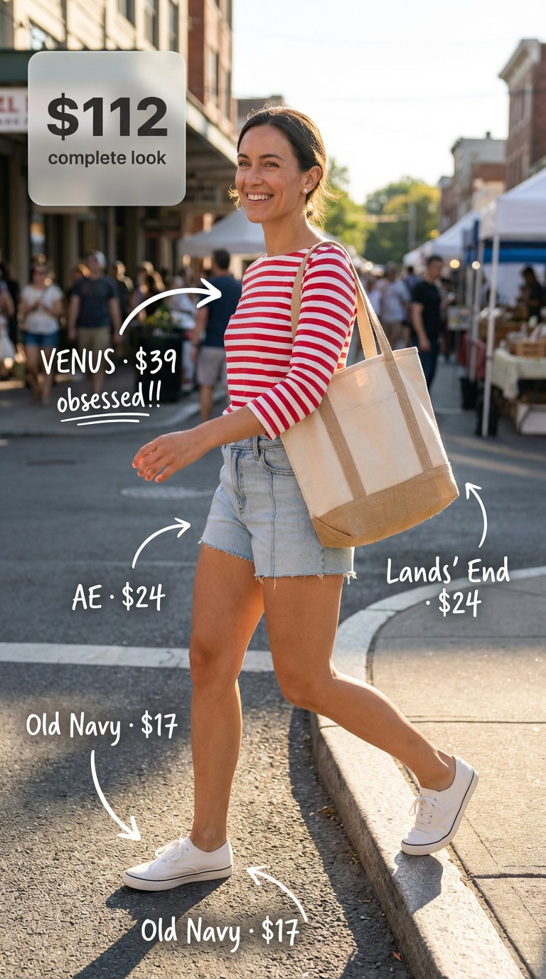 Casual Market Day: Italian Summer Outfits 2024 Effortless Italian summer outfits idea for market shopping. Featuring a white and red striped boat-neck T-shirt, light wash denim shorts with a raw hem, white sneakers, cream canvas tote bag, and simple silver stud earrings.