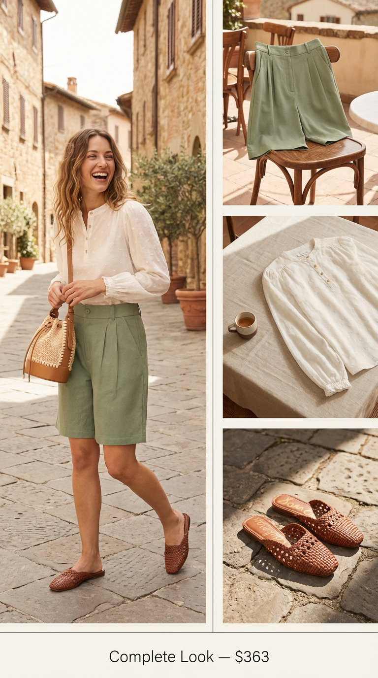 Refined Puglia Getaway: Italian Summer Outfit 2024 A relaxed yet refined Italian summer outfit with sage green linen bermuda shorts, a cream peasant blouse, a woven bucket bag, and brown flat leather mules, ideal for a Puglia farmhouse getaway.