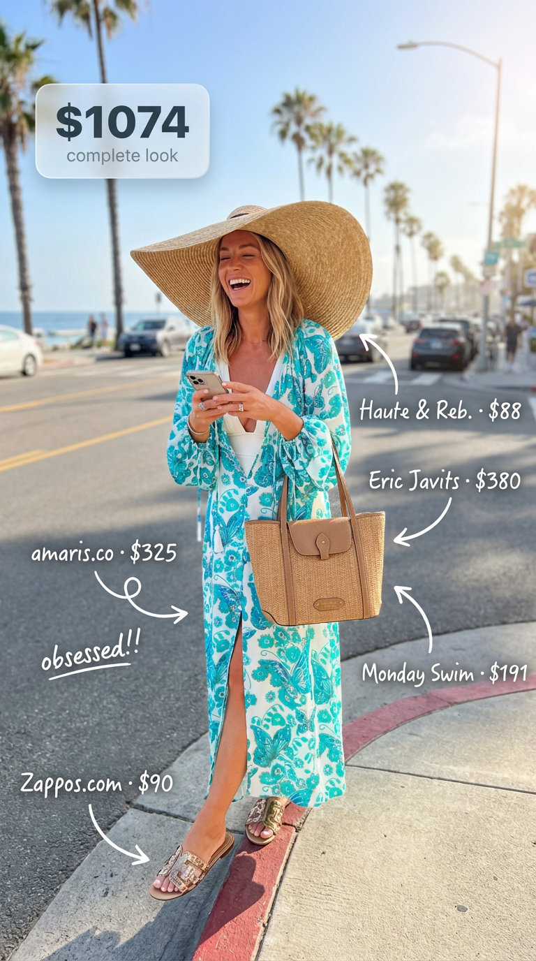 Glamorous Sardinian Beach: Italian Summer Outfits 2024 A glamorous Italian summer outfit featuring a turquoise and white abstract print silk chiffon caftan maxi dress, a white one-piece swimsuit, gold embellished sandals, a wide-brim straw hat, and a woven beach tote, ideal for a Sardinian beach club.