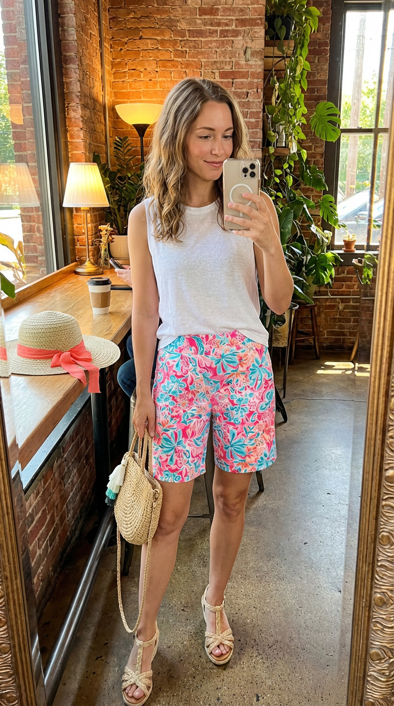 Playful Sardinian Beach Day: Italian Summer Outfits 2024 A playful and energetic Italian summer outfit with pink and teal floral print high-waisted shorts, a white linen blend tank top, a wide-brim straw hat, and espadrille sandals, ideal for a Sardinian beach club.