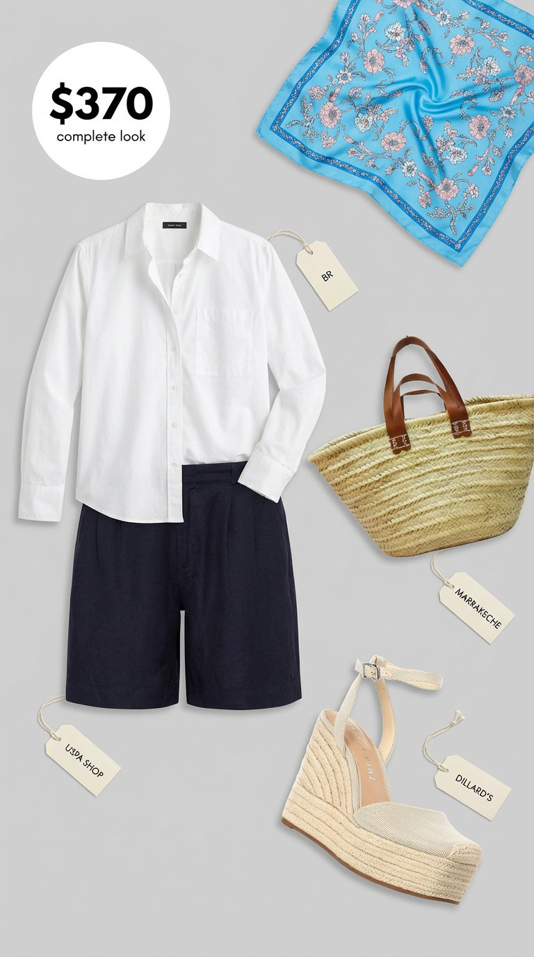 Tuscan Day Trip: Italian Summer Outfits 2024 Chic Italian summer outfits for a day trip, featuring a sky blue and white silk square scarf. Styled with navy tailored linen shorts, an oversized white button-down shirt, natural espadrille wedge sandals, and a straw basket bag, reflecting a relaxed yet preppy mood.