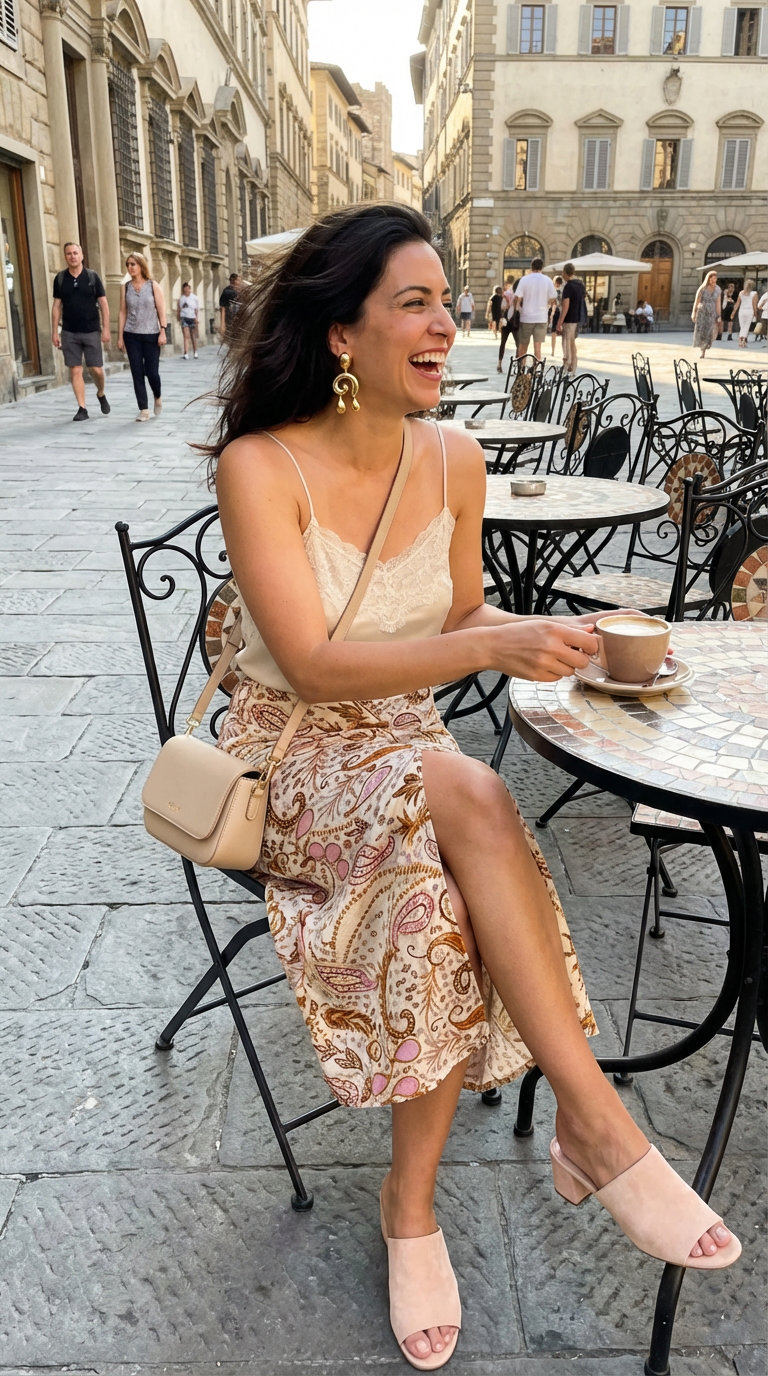 Venetian Romance: Italian Summer Outfits 2024 Dreamy cream and pink paisley high-waisted midi skirt styled for Italian summer outfits. Complemented by a cream lace-trimmed camisole, nude pink suede mules, a pastel pink chain-strap bag, and delicate gold drop earrings, perfect for a Venetian canal cruise.